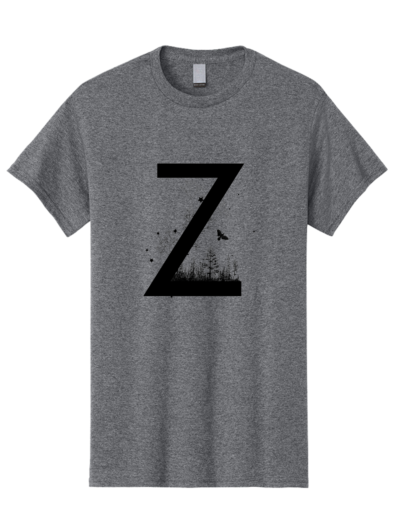 Z Men'S Graphic Tee, 100% Cotton, Comfortable Casual Summer Wear, Machine Washable, Black Letter Z, Forest Silhouettes, Flying Butterfly, Floral Elements, Stars, Nature-Inspired Design, Typography Art Aac367