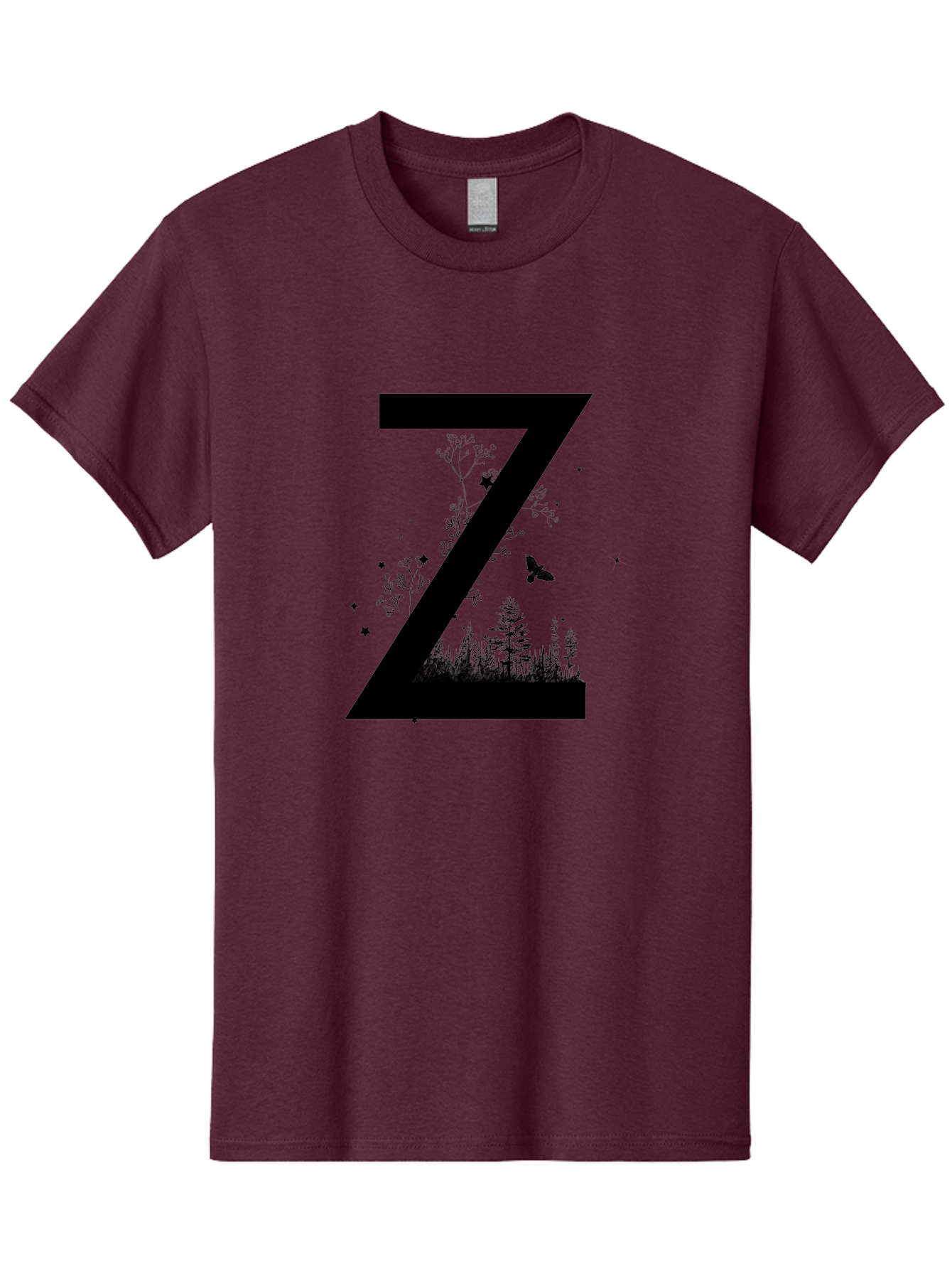 Z Men'S Graphic Tee, 100% Cotton, Comfortable Casual Summer Wear, Machine Washable, Black Letter Z, Forest Silhouettes, Flying Butterfly, Floral Elements, Stars, Nature-Inspired Design, Typography Art Aac367