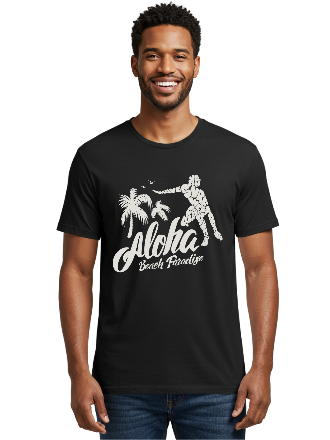 Aloha-Beach-Paradise Men'S Graphic Tee, 100% Cotton, Comfortable Casual Summer Wear, Machine Washable, Surfer Silhouette, Tropical Getaway, Beach Vacation, Surfing Culture, Wave Riding, Aloha Spirit, Island Vibes, Palm Trees, Beach Paradise, Aac368