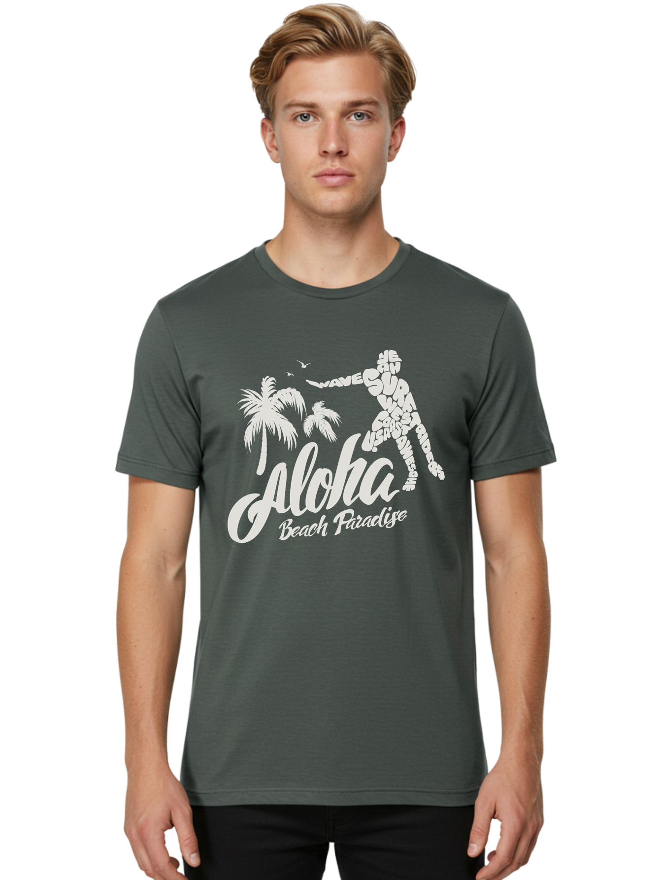 Aloha-Beach-Paradise Men'S Graphic Tee, 100% Cotton, Comfortable Casual Summer Wear, Machine Washable, Surfer Silhouette, Tropical Getaway, Beach Vacation, Surfing Culture, Wave Riding, Aloha Spirit, Island Vibes, Palm Trees, Beach Paradise, Aac368