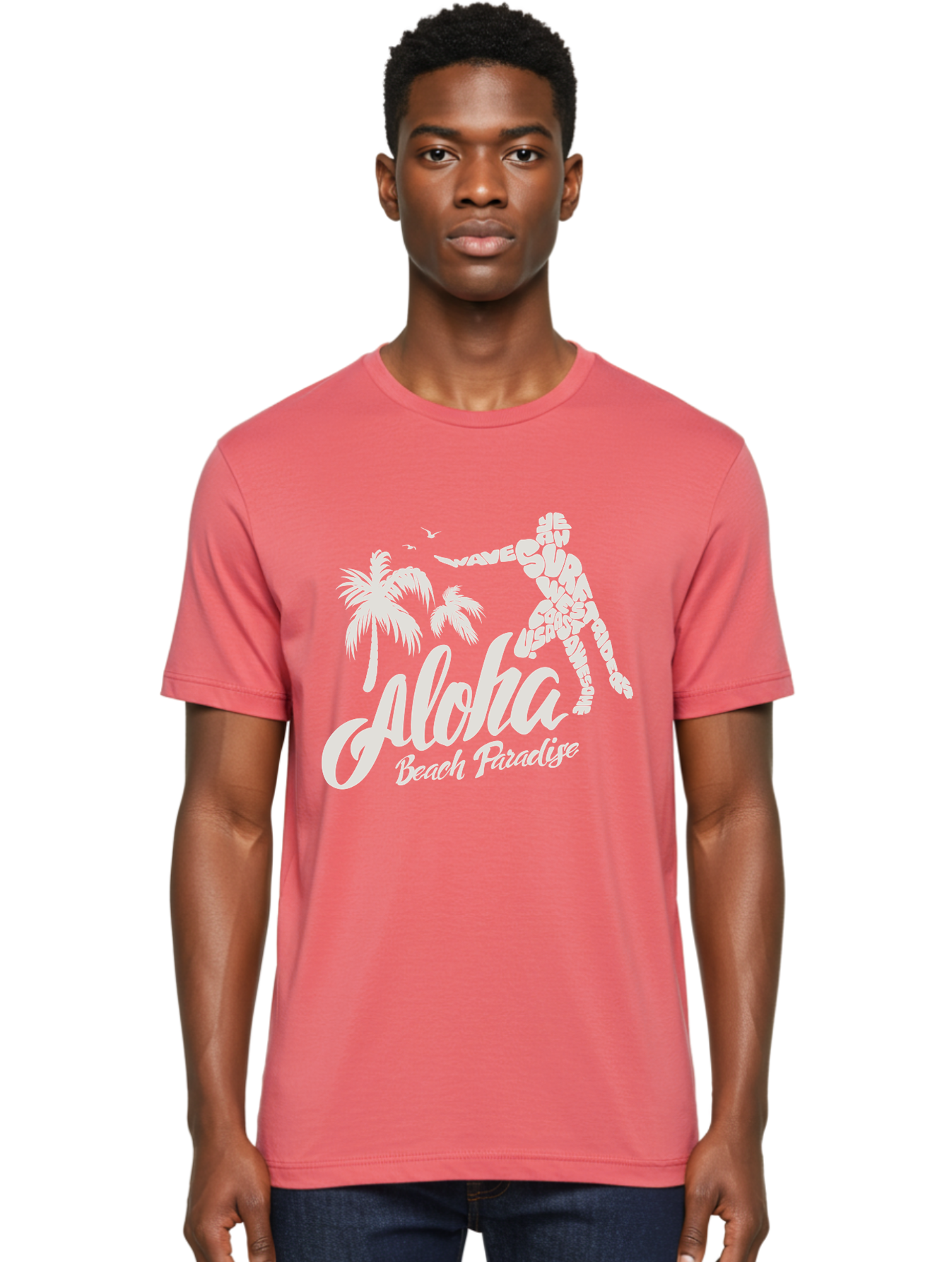 Aloha-Beach-Paradise Men'S Graphic Tee, 100% Cotton, Comfortable Casual Summer Wear, Machine Washable, Surfer Silhouette, Tropical Getaway, Beach Vacation, Surfing Culture, Wave Riding, Aloha Spirit, Island Vibes, Palm Trees, Beach Paradise, Aac368