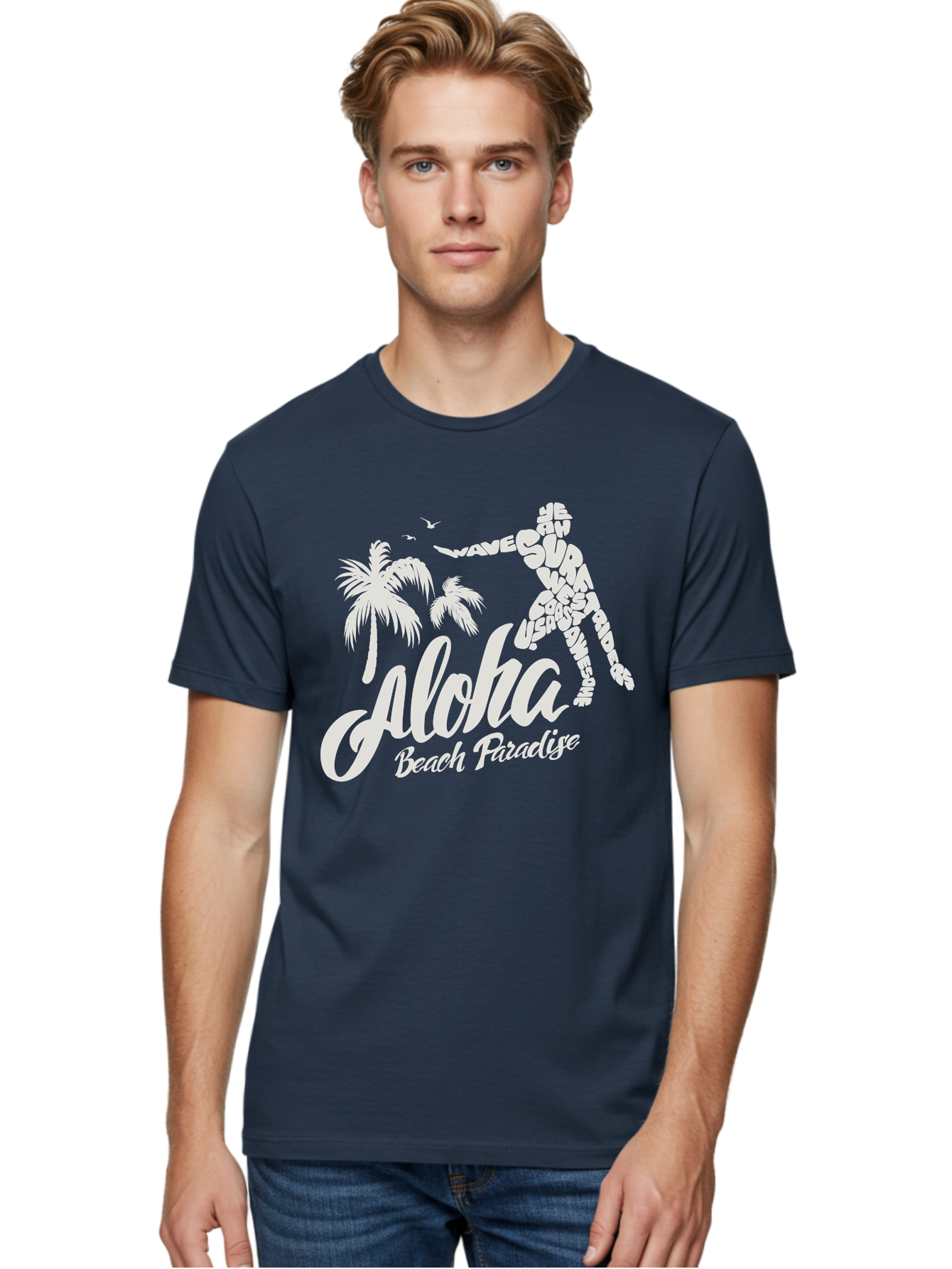Aloha-Beach-Paradise Men'S Graphic Tee, 100% Cotton, Comfortable Casual Summer Wear, Machine Washable, Surfer Silhouette, Tropical Getaway, Beach Vacation, Surfing Culture, Wave Riding, Aloha Spirit, Island Vibes, Palm Trees, Beach Paradise, Aac368