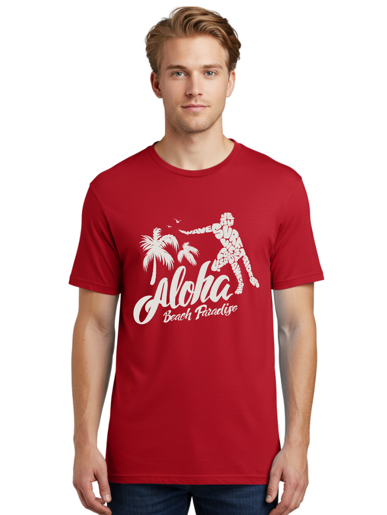 Aloha-Beach-Paradise Men'S Graphic Tee, 100% Cotton, Comfortable Casual Summer Wear, Machine Washable, Surfer Silhouette, Tropical Getaway, Beach Vacation, Surfing Culture, Wave Riding, Aloha Spirit, Island Vibes, Palm Trees, Beach Paradise, Aac368