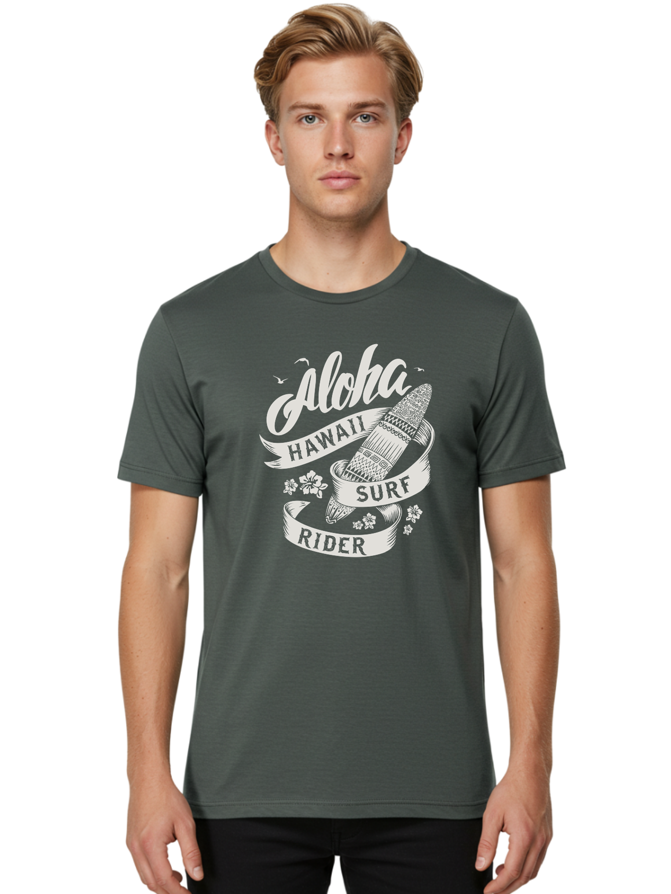 Aloha-Hawaii-Surf-Rider Men'S Graphic Tee, 100% Cotton, Comfortable Casual Summer Wear, Machine Washable, Surfboard Graphic, Hawaii Surf Culture, Aloha Spirit, Surfer Lifestyle, Tropical Vibes, Beachy Keiki, Surfing Adventure, Aac369