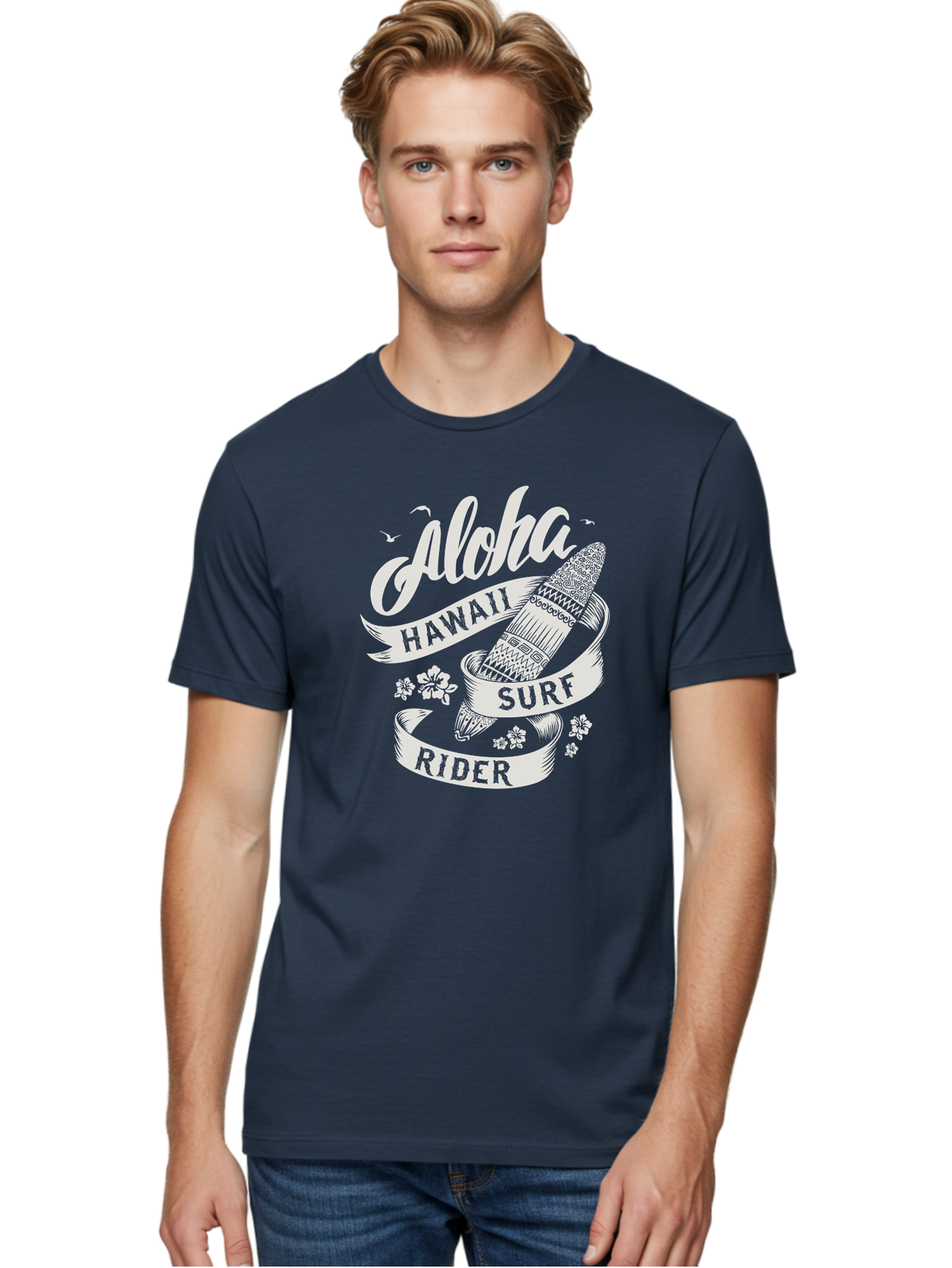 Aloha-Hawaii-Surf-Rider Men'S Graphic Tee, 100% Cotton, Comfortable Casual Summer Wear, Machine Washable, Surfboard Graphic, Hawaii Surf Culture, Aloha Spirit, Surfer Lifestyle, Tropical Vibes, Beachy Keiki, Surfing Adventure, Aac369