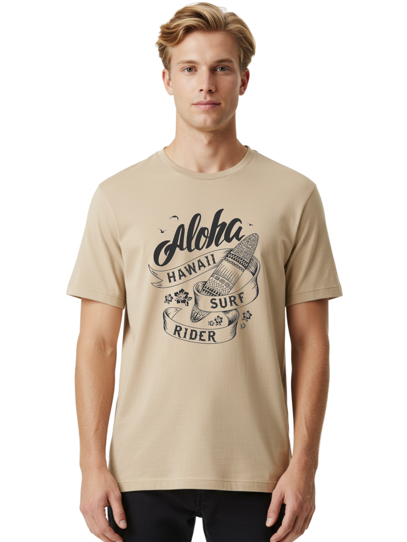 Aloha-Surf-Rider Men'S Graphic Tee, 100% Cotton, Comfortable Casual Summer Wear, Machine Washable, Hawaii Surf Rider, Surfboard, Tropical Vibes, Hawaii Vacation, Surfing Culture, Hawaii Tourism, Tropical Flowers, Aloha Spirit, Beach Lifestyle, Aac370