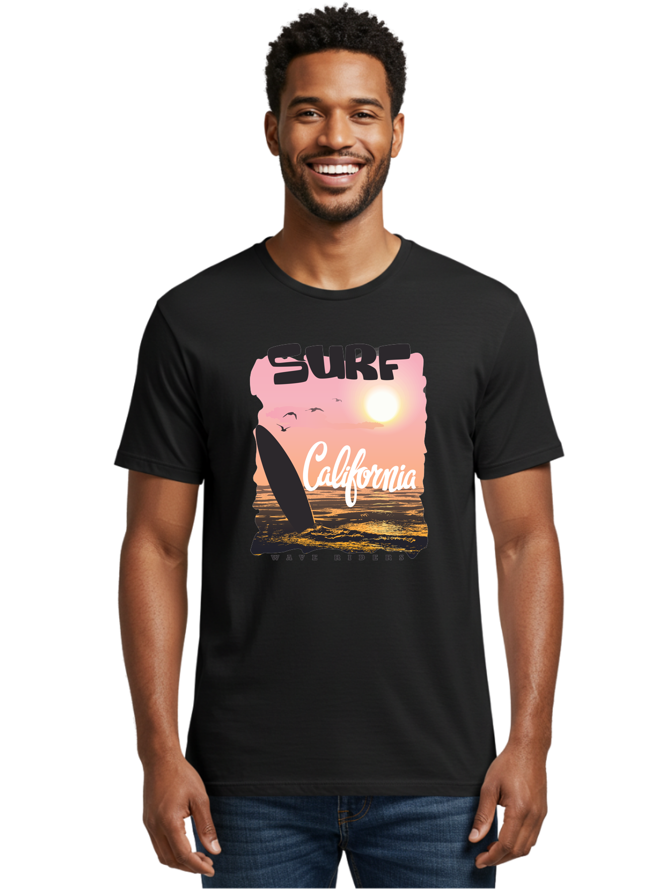 Surf-California Men'S Graphic Tee, 100% Cotton, Comfortable Casual Summer Wear, Machine Washable, Surfing In California, Wave Riders, Beach Life, Surfers Paradise, Coastal Scenery, Sunset Over The Ocean, Seagulls Flying, Aac372