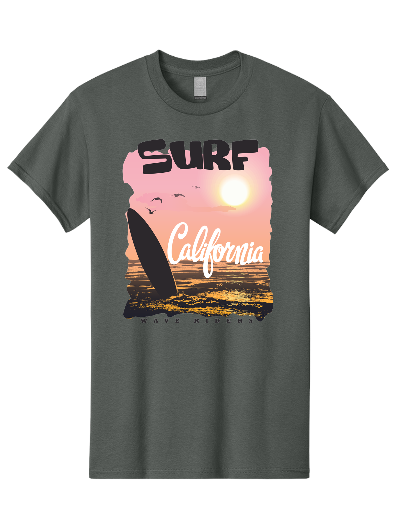 Surf-California Men'S Graphic Tee, 100% Cotton, Comfortable Casual Summer Wear, Machine Washable, Surfing In California, Wave Riders, Beach Life, Surfers Paradise, Coastal Scenery, Sunset Over The Ocean, Seagulls Flying, Aac372