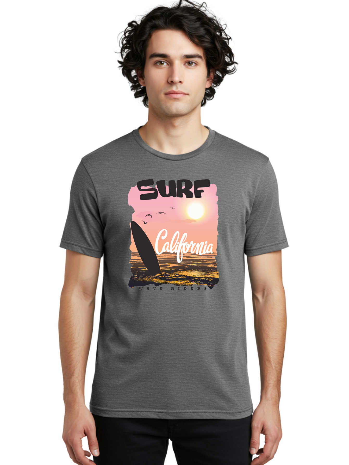 Surf-California Men'S Graphic Tee, 100% Cotton, Comfortable Casual Summer Wear, Machine Washable, Surfing In California, Wave Riders, Beach Life, Surfers Paradise, Coastal Scenery, Sunset Over The Ocean, Seagulls Flying, Aac372