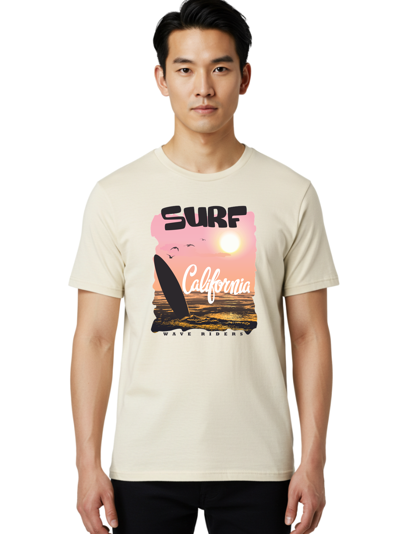 Surf-California Men'S Graphic Tee, 100% Cotton, Comfortable Casual Summer Wear, Machine Washable, Surfing In California, Wave Riders, Beach Life, Surfers Paradise, Coastal Scenery, Sunset Over The Ocean, Seagulls Flying, Aac372