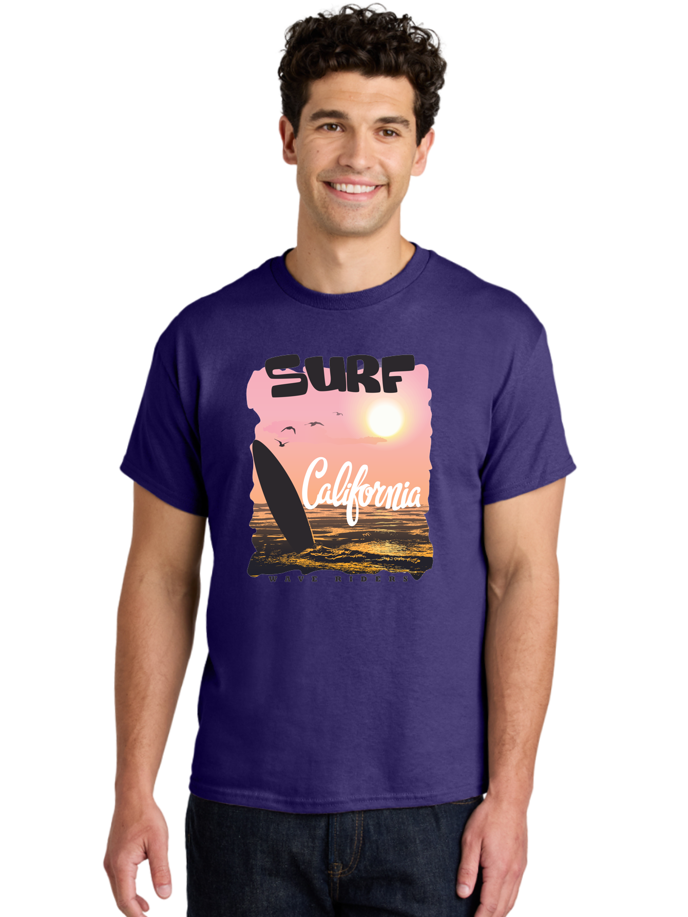 Surf-California Men'S Graphic Tee, 100% Cotton, Comfortable Casual Summer Wear, Machine Washable, Surfing In California, Wave Riders, Beach Life, Surfers Paradise, Coastal Scenery, Sunset Over The Ocean, Seagulls Flying, Aac372