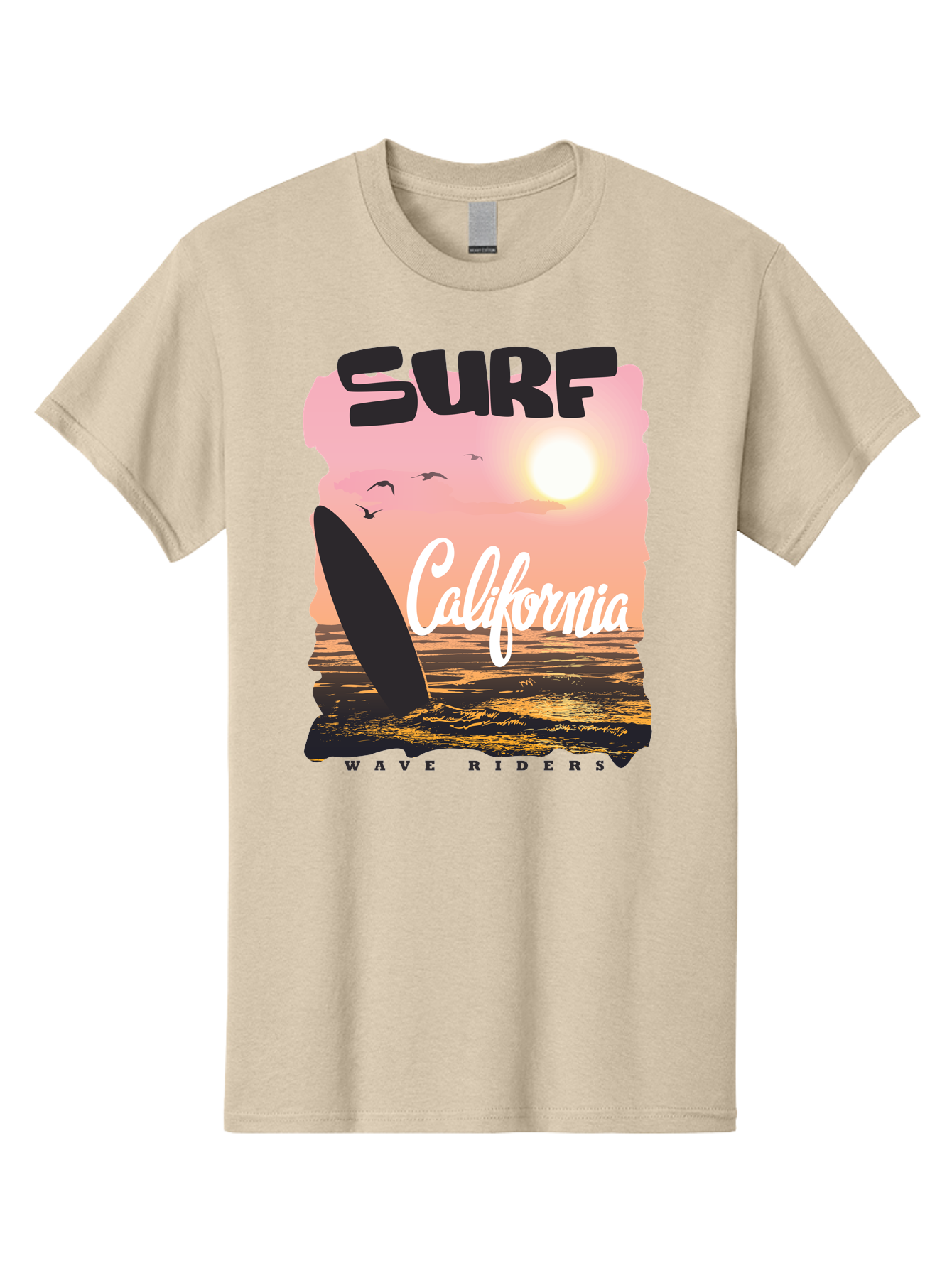 Surf-California Men'S Graphic Tee, 100% Cotton, Comfortable Casual Summer Wear, Machine Washable, Surfing In California, Wave Riders, Beach Life, Surfers Paradise, Coastal Scenery, Sunset Over The Ocean, Seagulls Flying, Aac372