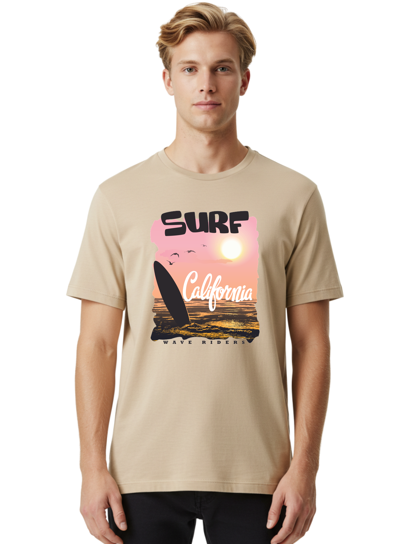 Surf-California Men'S Graphic Tee, 100% Cotton, Comfortable Casual Summer Wear, Machine Washable, Surfing In California, Wave Riders, Beach Life, Surfers Paradise, Coastal Scenery, Sunset Over The Ocean, Seagulls Flying, Aac372