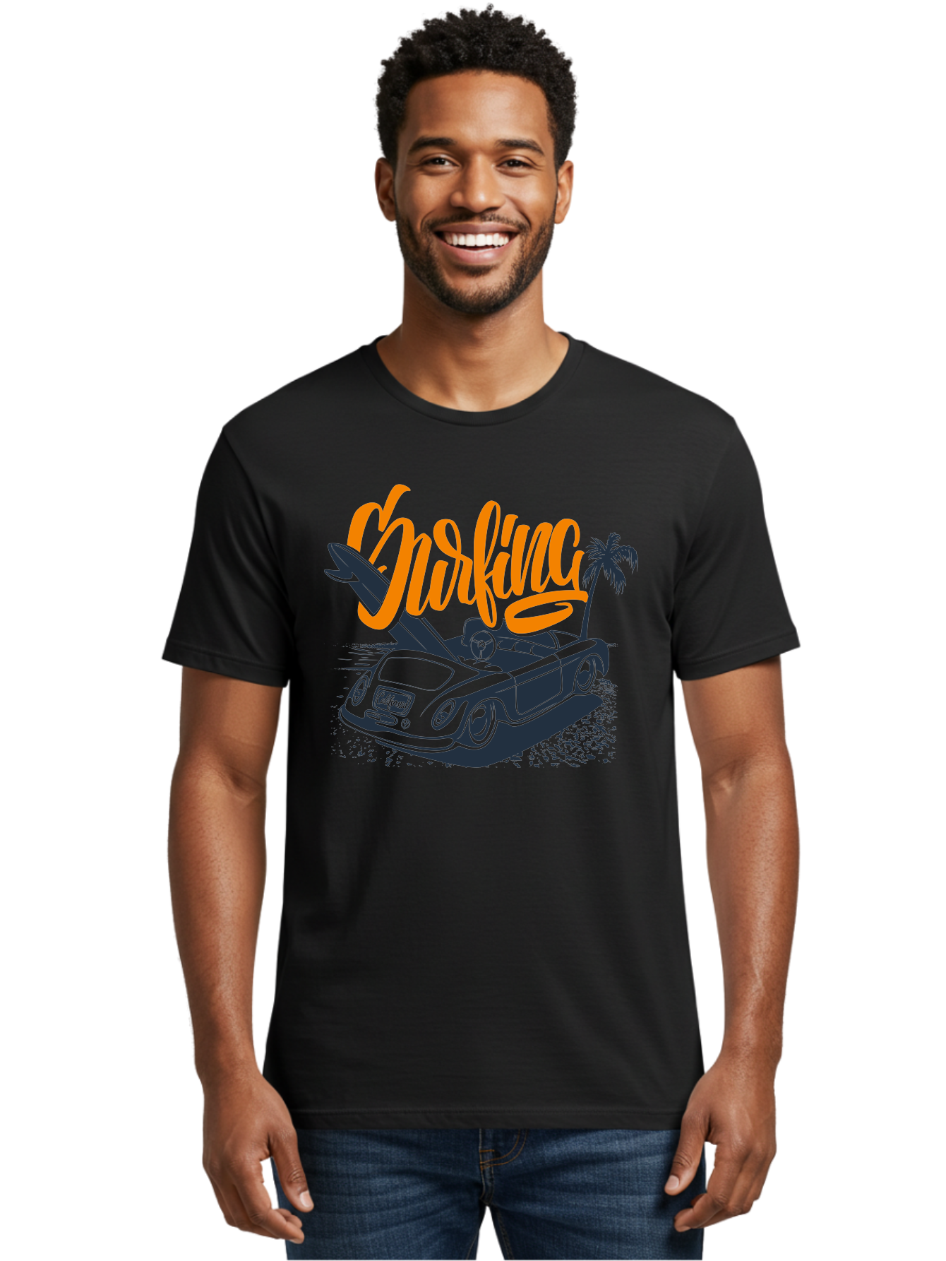 Surfing Men'S Graphic Tee, 100% Cotton, Comfortable Casual Summer Wear, Machine Washable, Vintage Convertible Car, Surfing Culture, Beach Lifestyle, Retro Style, Surfboard On Car, Palm Tree, Summer Fun, Surf Vibes, Classic Automobile Aac373