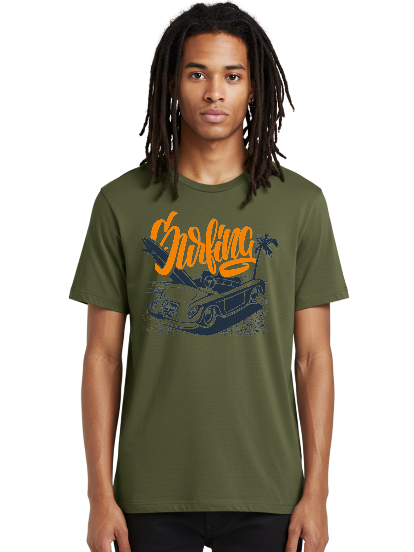 Surfing Men'S Graphic Tee, 100% Cotton, Comfortable Casual Summer Wear, Machine Washable, Vintage Convertible Car, Surfing Culture, Beach Lifestyle, Retro Style, Surfboard On Car, Palm Tree, Summer Fun, Surf Vibes, Classic Automobile Aac373