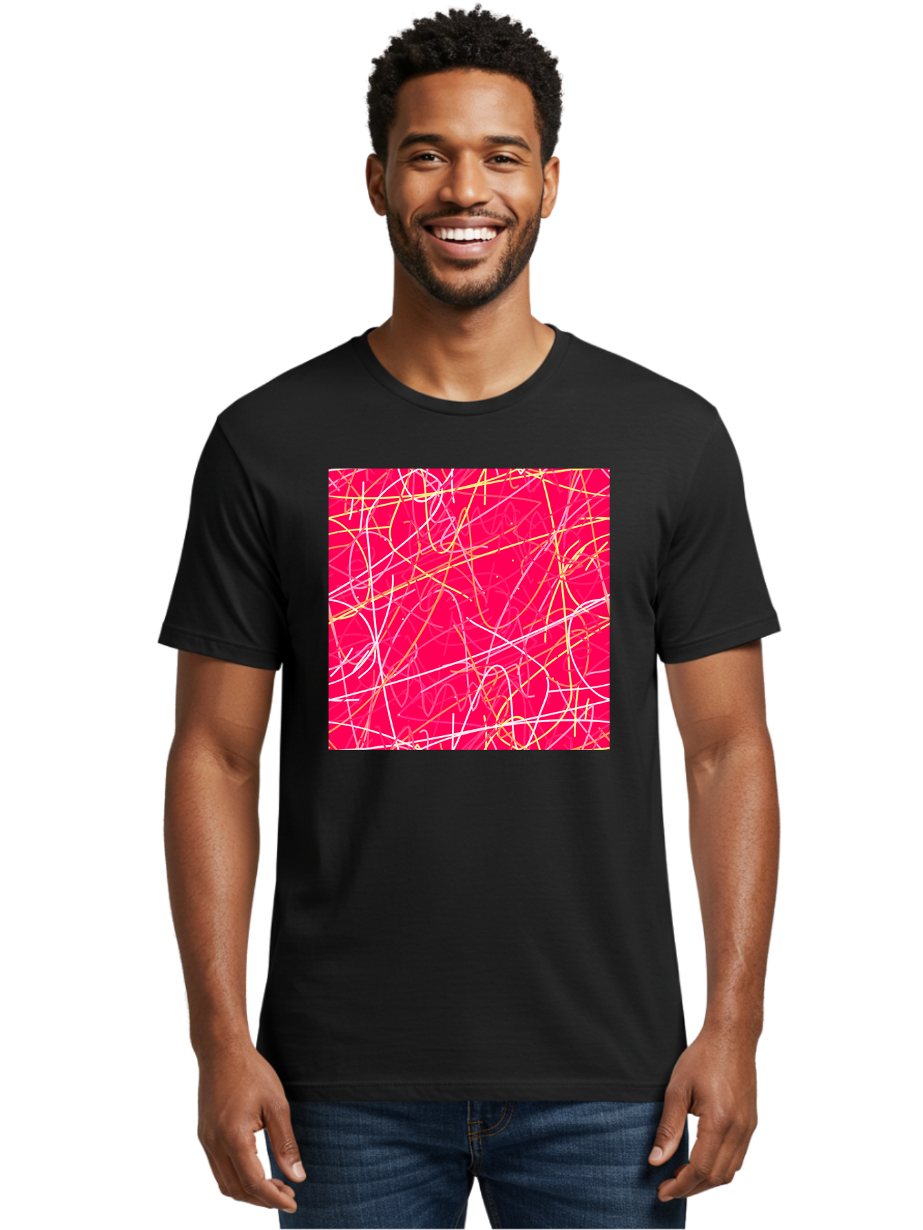 Abstract-Lines Men'S Graphic Tee, 100% Cotton, Comfortable Casual Summer Wear, Machine Washable, Abstract Art, Vibrant Pink Background, Swirling Lines, Dynamic Movement, Modern Design, Artistic Expression, Creative Wallpaper, Digital Art, Aac374