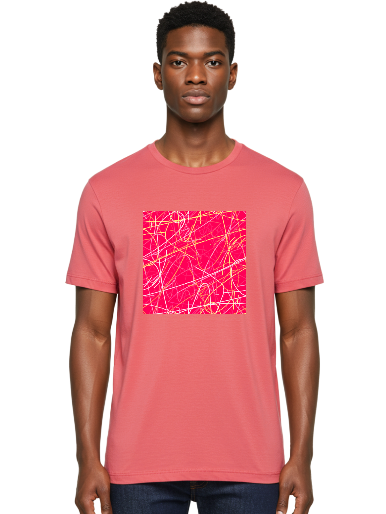 Abstract-Lines Men'S Graphic Tee, 100% Cotton, Comfortable Casual Summer Wear, Machine Washable, Abstract Art, Vibrant Pink Background, Swirling Lines, Dynamic Movement, Modern Design, Artistic Expression, Creative Wallpaper, Digital Art, Aac374