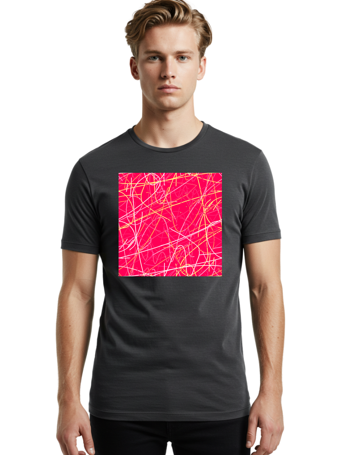 Abstract-Lines Men'S Graphic Tee, 100% Cotton, Comfortable Casual Summer Wear, Machine Washable, Abstract Art, Vibrant Pink Background, Swirling Lines, Dynamic Movement, Modern Design, Artistic Expression, Creative Wallpaper, Digital Art, Aac374