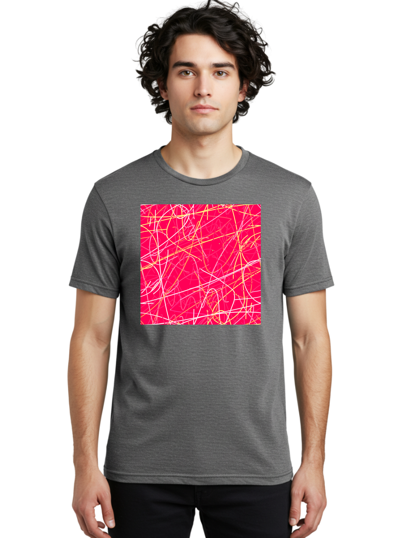 Abstract-Lines Men'S Graphic Tee, 100% Cotton, Comfortable Casual Summer Wear, Machine Washable, Abstract Art, Vibrant Pink Background, Swirling Lines, Dynamic Movement, Modern Design, Artistic Expression, Creative Wallpaper, Digital Art, Aac374