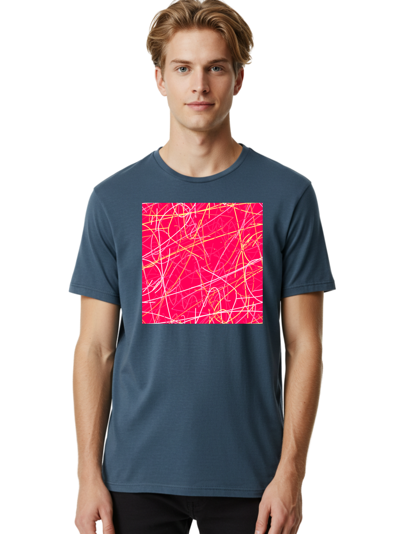 Abstract-Lines Men'S Graphic Tee, 100% Cotton, Comfortable Casual Summer Wear, Machine Washable, Abstract Art, Vibrant Pink Background, Swirling Lines, Dynamic Movement, Modern Design, Artistic Expression, Creative Wallpaper, Digital Art, Aac374