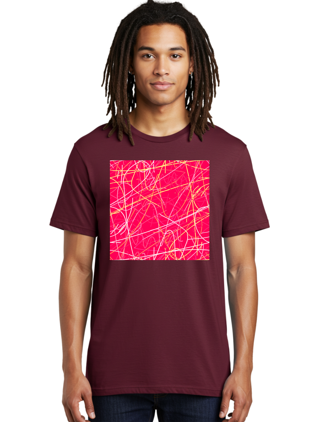 Abstract-Lines Men'S Graphic Tee, 100% Cotton, Comfortable Casual Summer Wear, Machine Washable, Abstract Art, Vibrant Pink Background, Swirling Lines, Dynamic Movement, Modern Design, Artistic Expression, Creative Wallpaper, Digital Art, Aac374