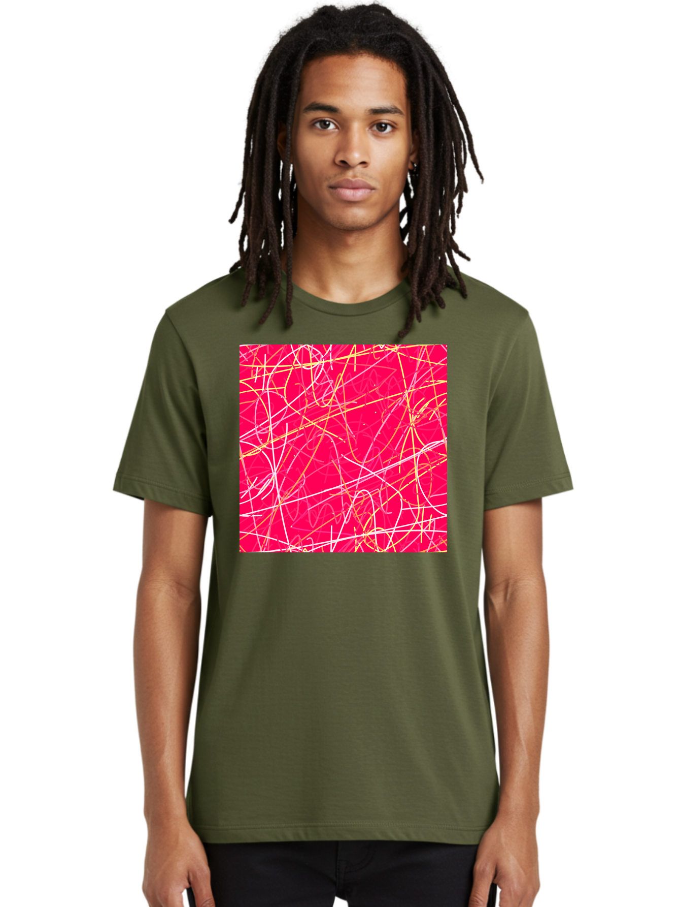 Abstract-Lines Men'S Graphic Tee, 100% Cotton, Comfortable Casual Summer Wear, Machine Washable, Abstract Art, Vibrant Pink Background, Swirling Lines, Dynamic Movement, Modern Design, Artistic Expression, Creative Wallpaper, Digital Art, Aac374