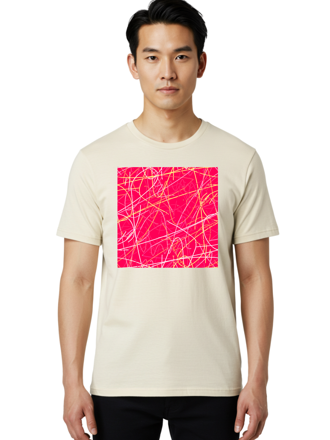 Abstract-Lines Men'S Graphic Tee, 100% Cotton, Comfortable Casual Summer Wear, Machine Washable, Abstract Art, Vibrant Pink Background, Swirling Lines, Dynamic Movement, Modern Design, Artistic Expression, Creative Wallpaper, Digital Art, Aac374