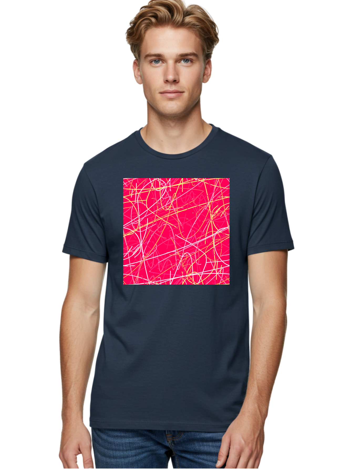 Abstract-Lines Men'S Graphic Tee, 100% Cotton, Comfortable Casual Summer Wear, Machine Washable, Abstract Art, Vibrant Pink Background, Swirling Lines, Dynamic Movement, Modern Design, Artistic Expression, Creative Wallpaper, Digital Art, Aac374