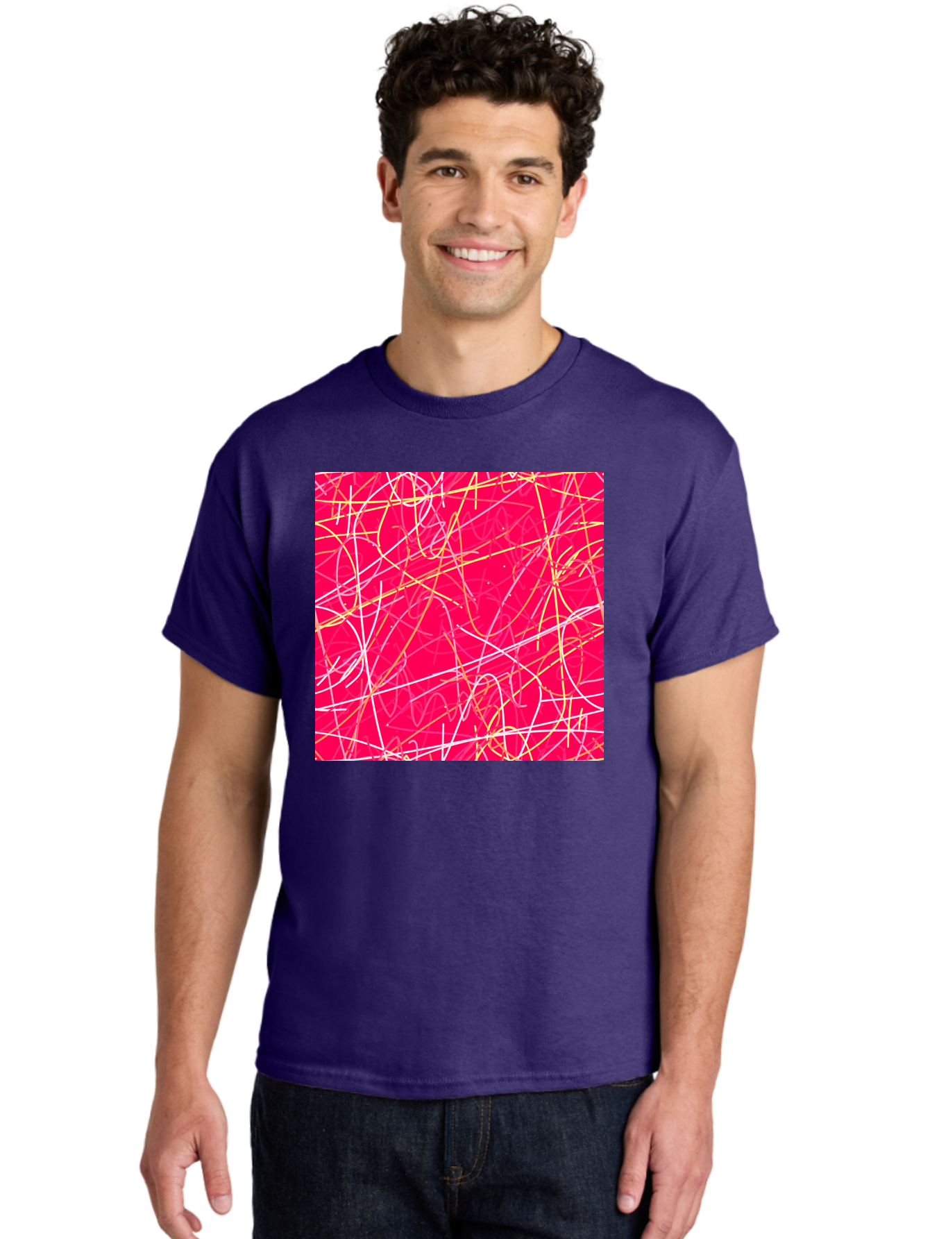 Abstract-Lines Men'S Graphic Tee, 100% Cotton, Comfortable Casual Summer Wear, Machine Washable, Abstract Art, Vibrant Pink Background, Swirling Lines, Dynamic Movement, Modern Design, Artistic Expression, Creative Wallpaper, Digital Art, Aac374