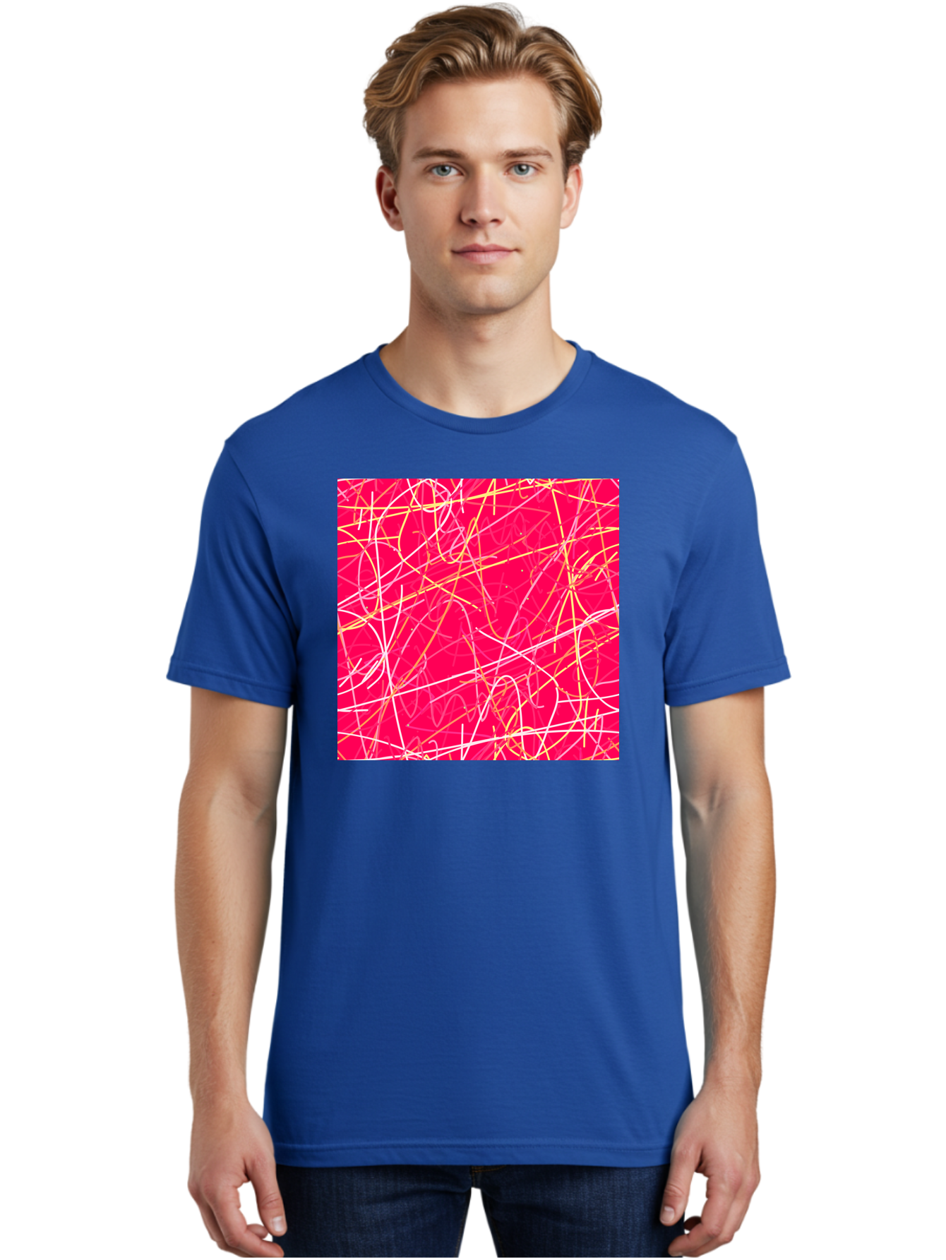 Abstract-Lines Men'S Graphic Tee, 100% Cotton, Comfortable Casual Summer Wear, Machine Washable, Abstract Art, Vibrant Pink Background, Swirling Lines, Dynamic Movement, Modern Design, Artistic Expression, Creative Wallpaper, Digital Art, Aac374