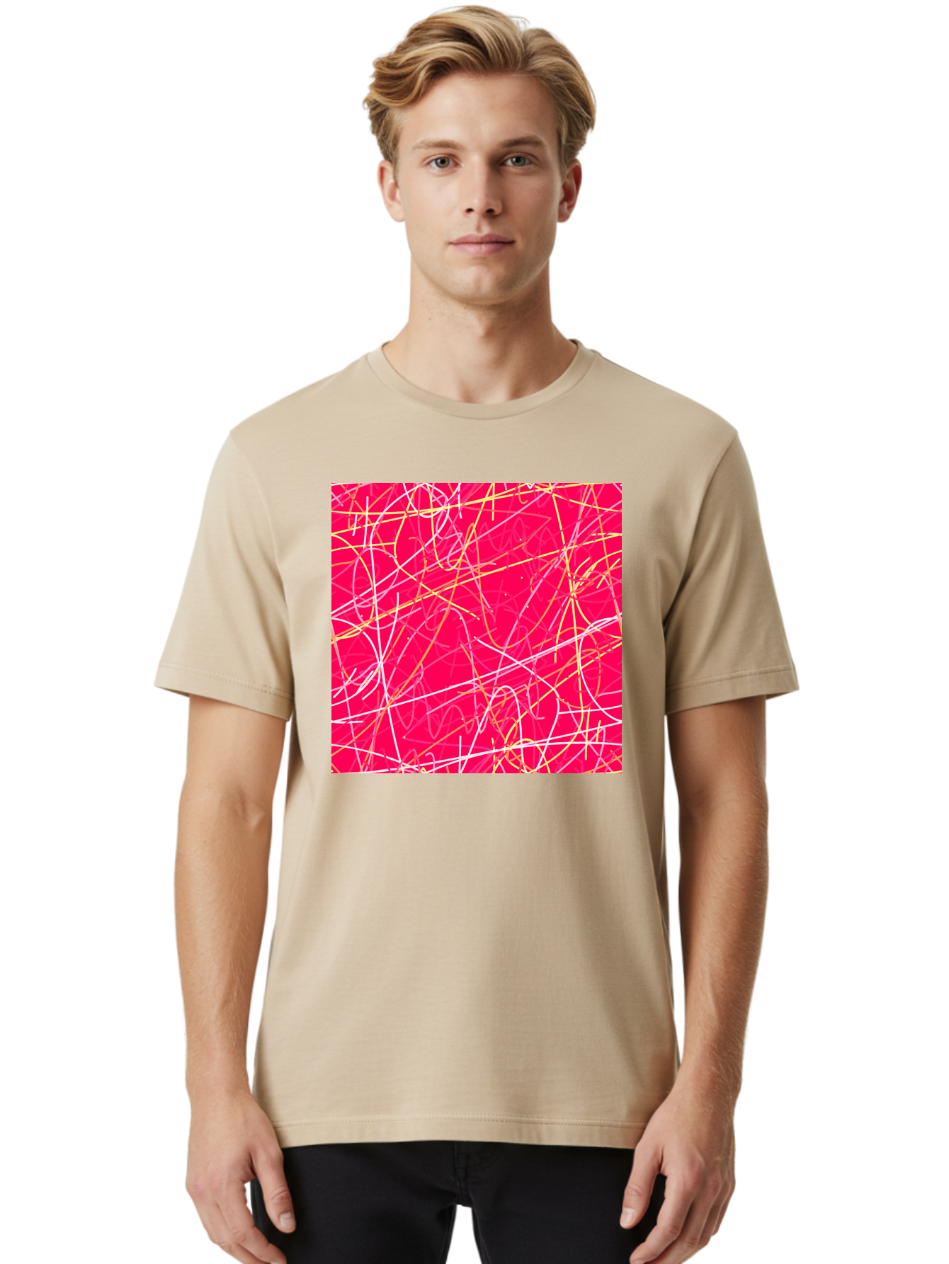 Abstract-Lines Men'S Graphic Tee, 100% Cotton, Comfortable Casual Summer Wear, Machine Washable, Abstract Art, Vibrant Pink Background, Swirling Lines, Dynamic Movement, Modern Design, Artistic Expression, Creative Wallpaper, Digital Art, Aac374