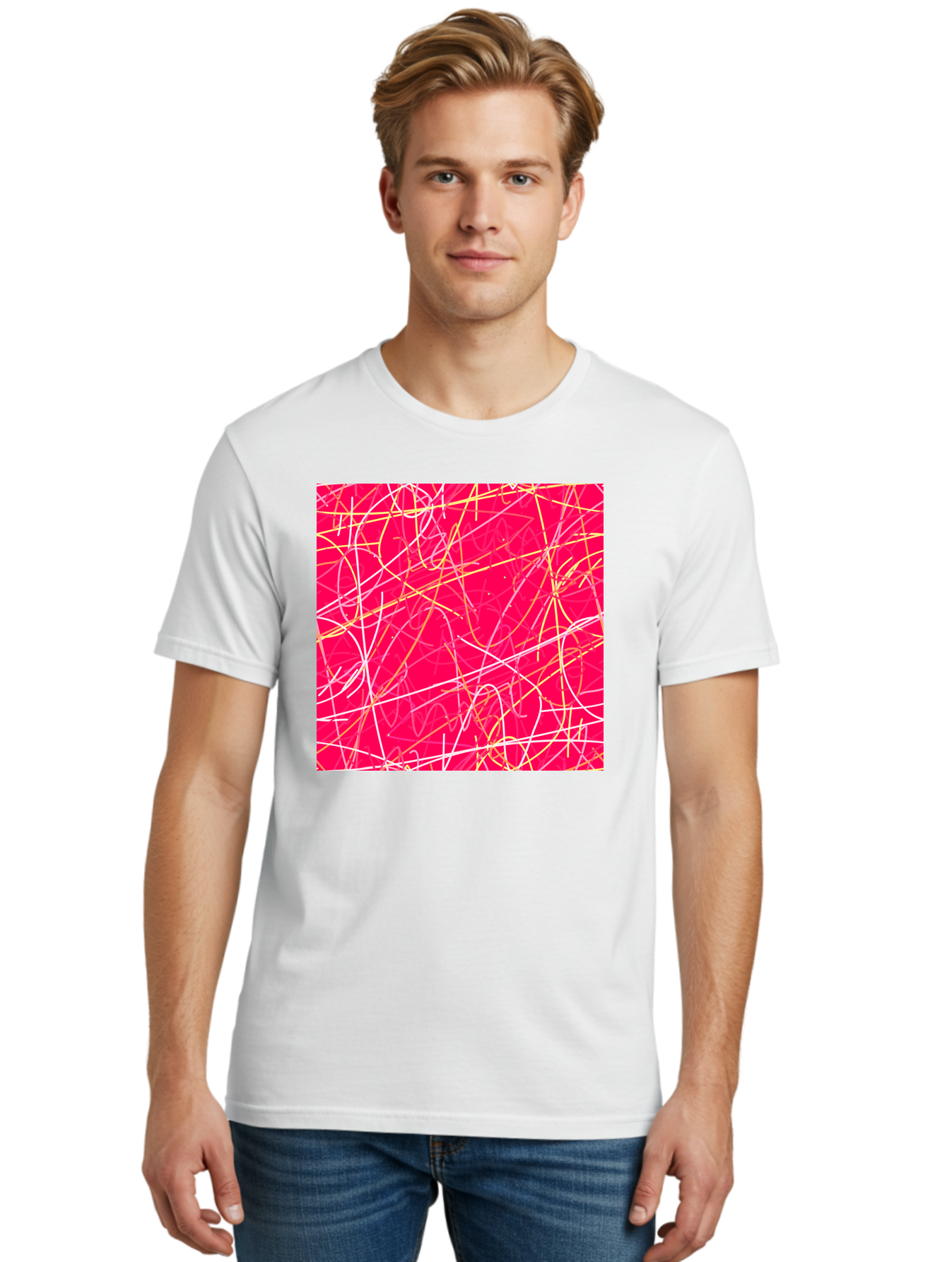 Abstract-Lines Men'S Graphic Tee, 100% Cotton, Comfortable Casual Summer Wear, Machine Washable, Abstract Art, Vibrant Pink Background, Swirling Lines, Dynamic Movement, Modern Design, Artistic Expression, Creative Wallpaper, Digital Art, Aac374