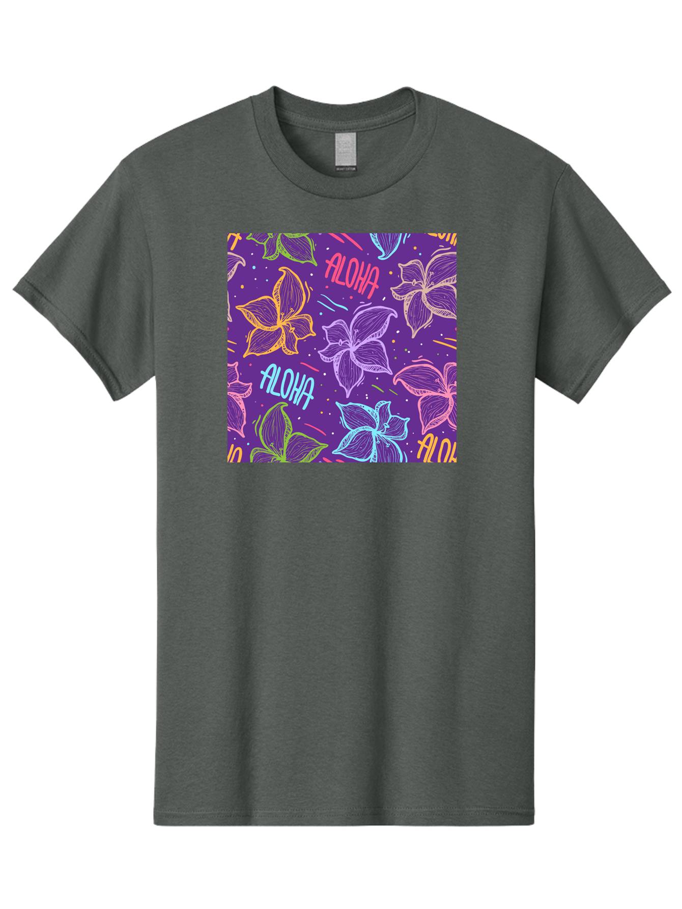Aloha-Plumeria-Floral Men'S Graphic Tee, 100% Cotton, Comfortable Casual Summer Wear, Machine Washable, Plumeria Flowers, Tropical Flowers, Aloha Text, Colorful Graphics, Festive Design, Hawaiian Theme, Vibrant Colors, Playful Pattern, Aac376
