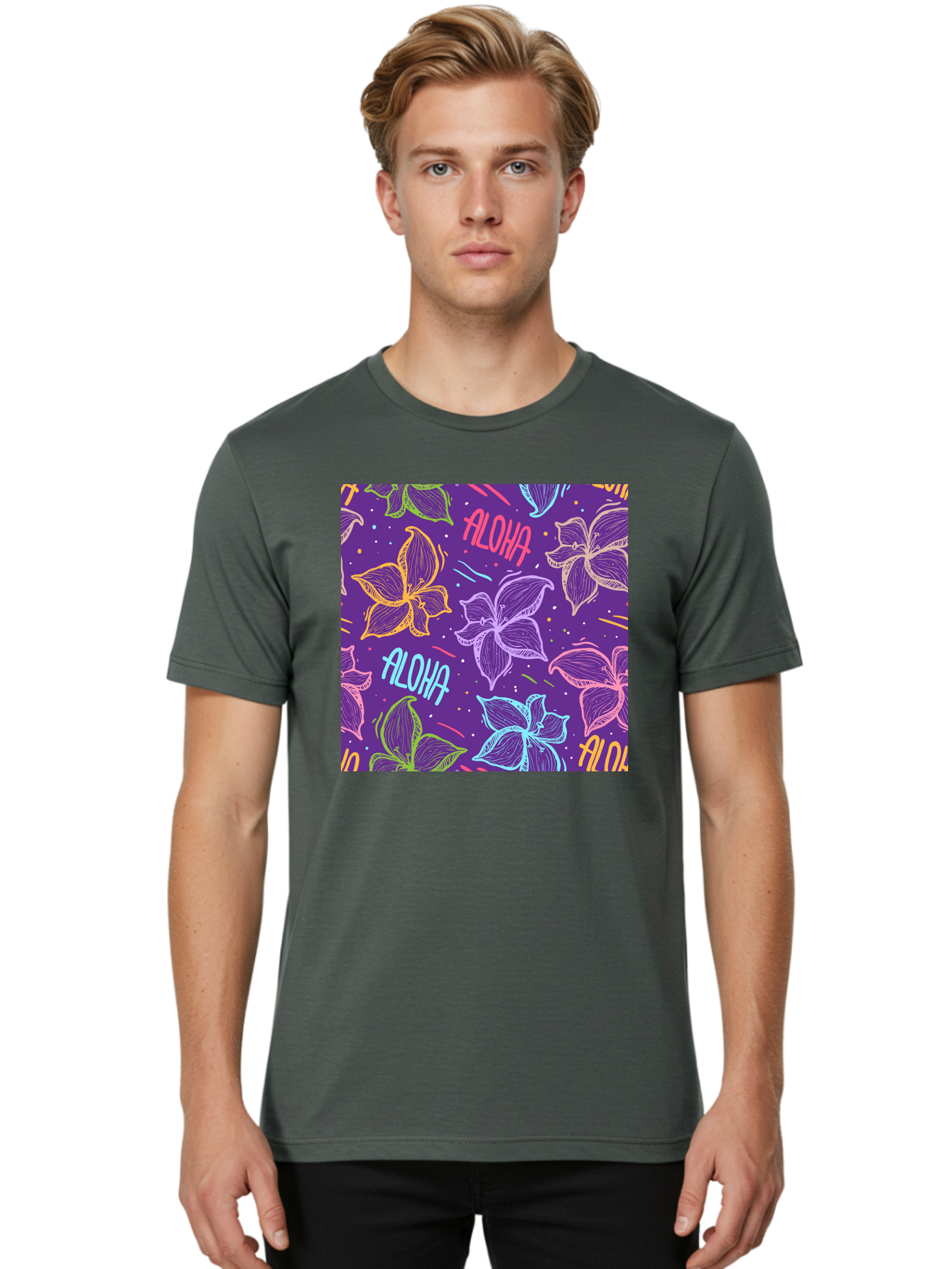 Aloha-Plumeria-Floral Men'S Graphic Tee, 100% Cotton, Comfortable Casual Summer Wear, Machine Washable, Plumeria Flowers, Tropical Flowers, Aloha Text, Colorful Graphics, Festive Design, Hawaiian Theme, Vibrant Colors, Playful Pattern, Aac376
