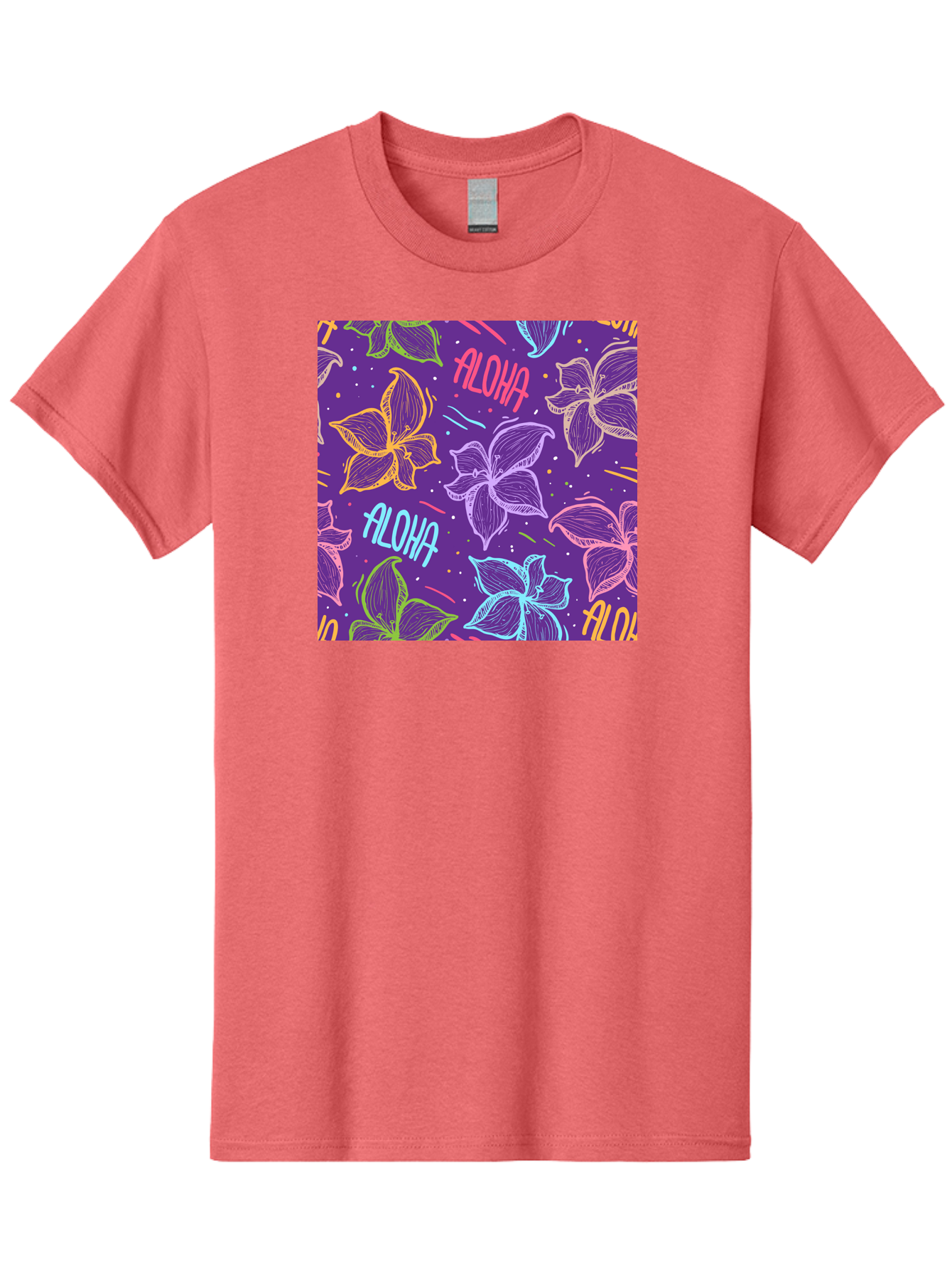 Aloha-Plumeria-Floral Men'S Graphic Tee, 100% Cotton, Comfortable Casual Summer Wear, Machine Washable, Plumeria Flowers, Tropical Flowers, Aloha Text, Colorful Graphics, Festive Design, Hawaiian Theme, Vibrant Colors, Playful Pattern, Aac376