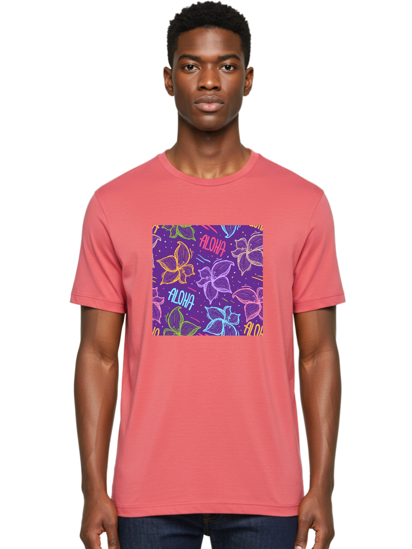 Aloha-Plumeria-Floral Men'S Graphic Tee, 100% Cotton, Comfortable Casual Summer Wear, Machine Washable, Plumeria Flowers, Tropical Flowers, Aloha Text, Colorful Graphics, Festive Design, Hawaiian Theme, Vibrant Colors, Playful Pattern, Aac376