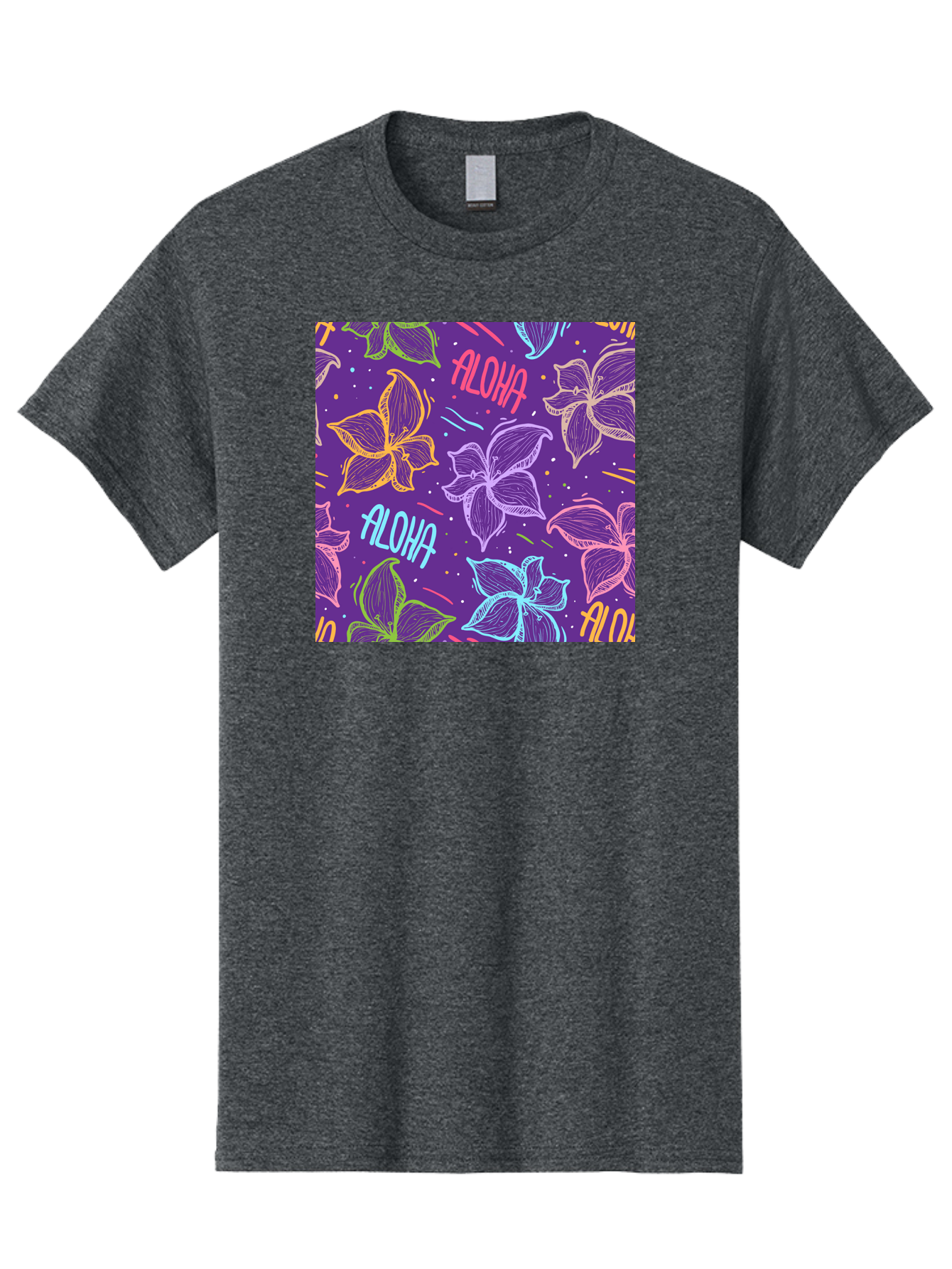 Aloha-Plumeria-Floral Men'S Graphic Tee, 100% Cotton, Comfortable Casual Summer Wear, Machine Washable, Plumeria Flowers, Tropical Flowers, Aloha Text, Colorful Graphics, Festive Design, Hawaiian Theme, Vibrant Colors, Playful Pattern, Aac376