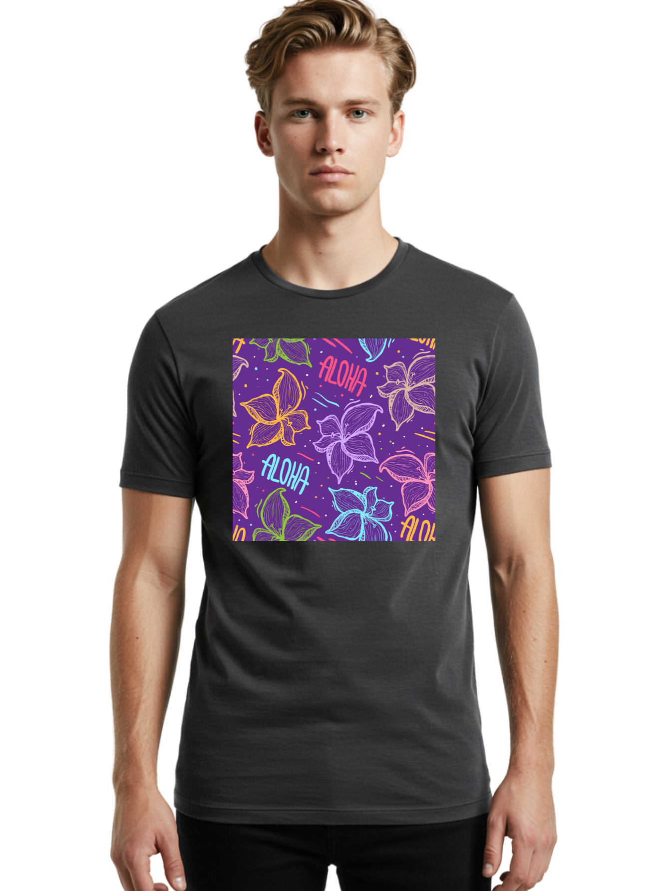 Aloha-Plumeria-Floral Men'S Graphic Tee, 100% Cotton, Comfortable Casual Summer Wear, Machine Washable, Plumeria Flowers, Tropical Flowers, Aloha Text, Colorful Graphics, Festive Design, Hawaiian Theme, Vibrant Colors, Playful Pattern, Aac376