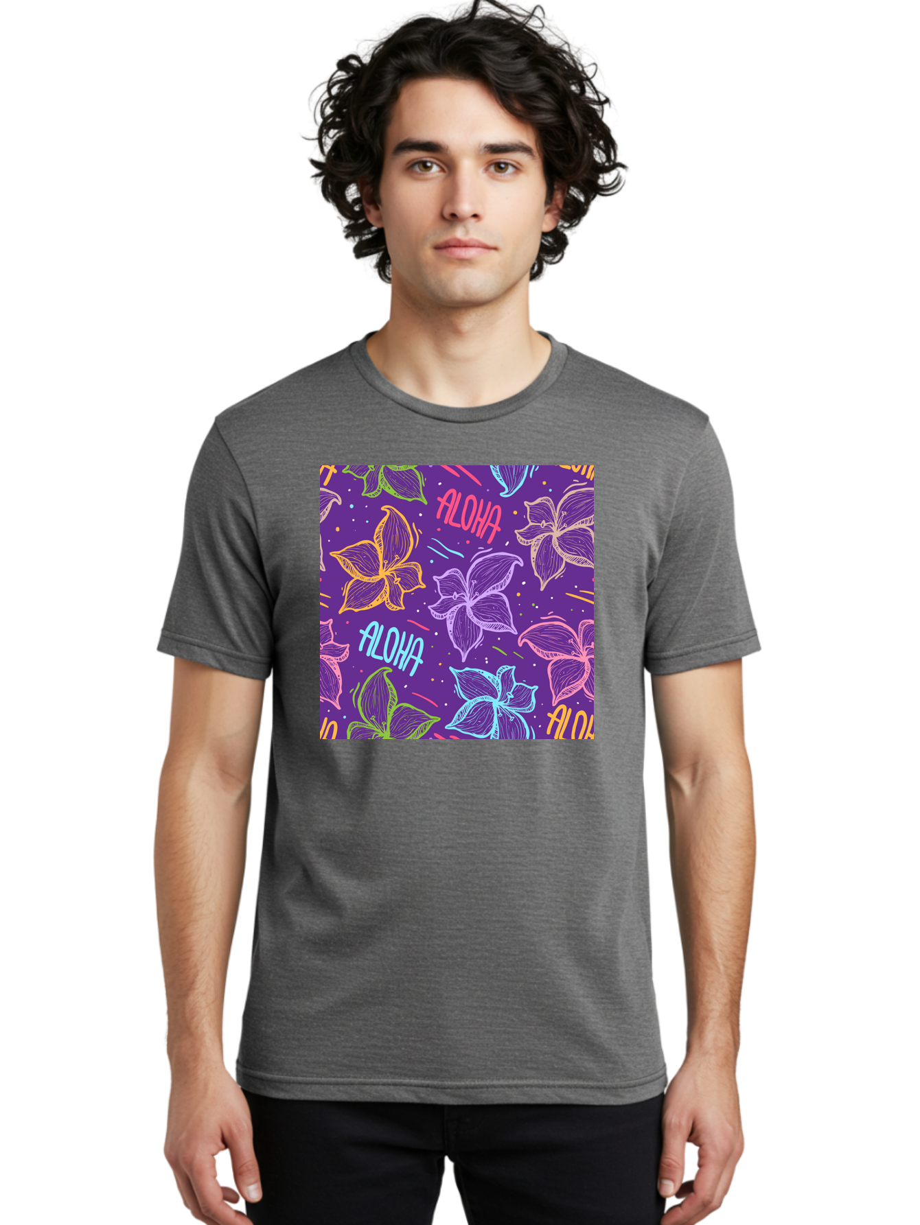 Aloha-Plumeria-Floral Men'S Graphic Tee, 100% Cotton, Comfortable Casual Summer Wear, Machine Washable, Plumeria Flowers, Tropical Flowers, Aloha Text, Colorful Graphics, Festive Design, Hawaiian Theme, Vibrant Colors, Playful Pattern, Aac376