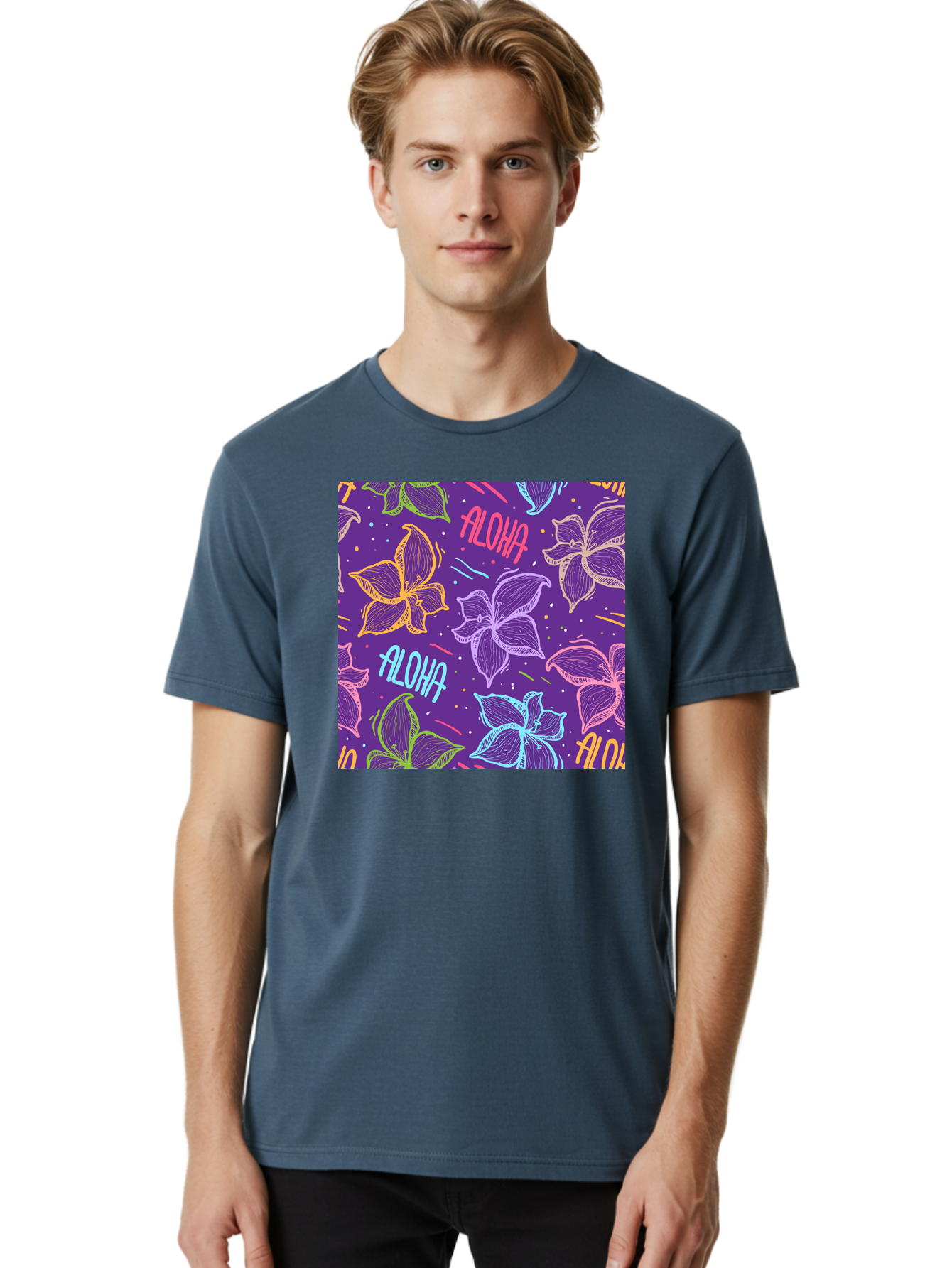 Aloha-Plumeria-Floral Men'S Graphic Tee, 100% Cotton, Comfortable Casual Summer Wear, Machine Washable, Plumeria Flowers, Tropical Flowers, Aloha Text, Colorful Graphics, Festive Design, Hawaiian Theme, Vibrant Colors, Playful Pattern, Aac376