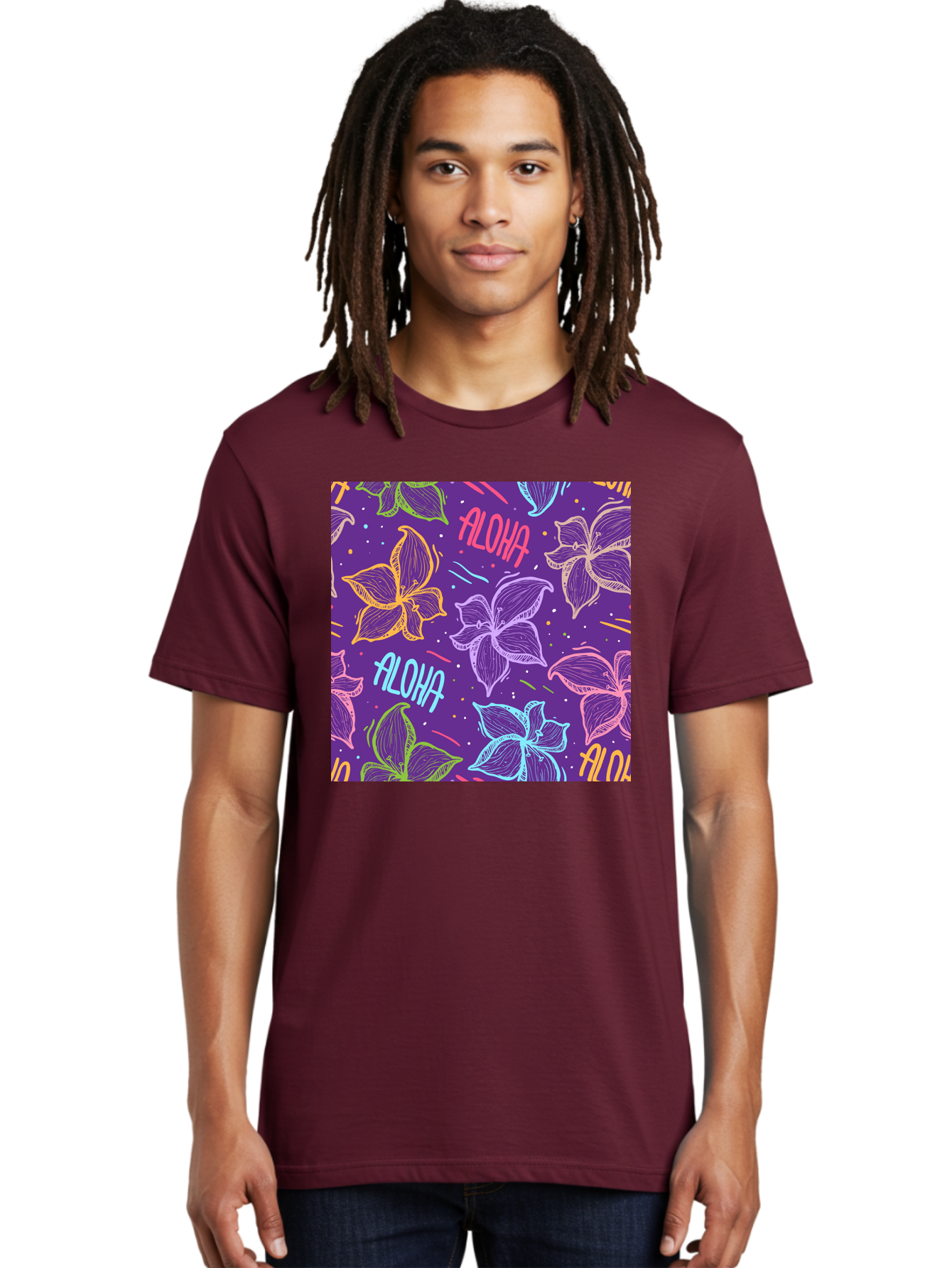 Aloha-Plumeria-Floral Men'S Graphic Tee, 100% Cotton, Comfortable Casual Summer Wear, Machine Washable, Plumeria Flowers, Tropical Flowers, Aloha Text, Colorful Graphics, Festive Design, Hawaiian Theme, Vibrant Colors, Playful Pattern, Aac376