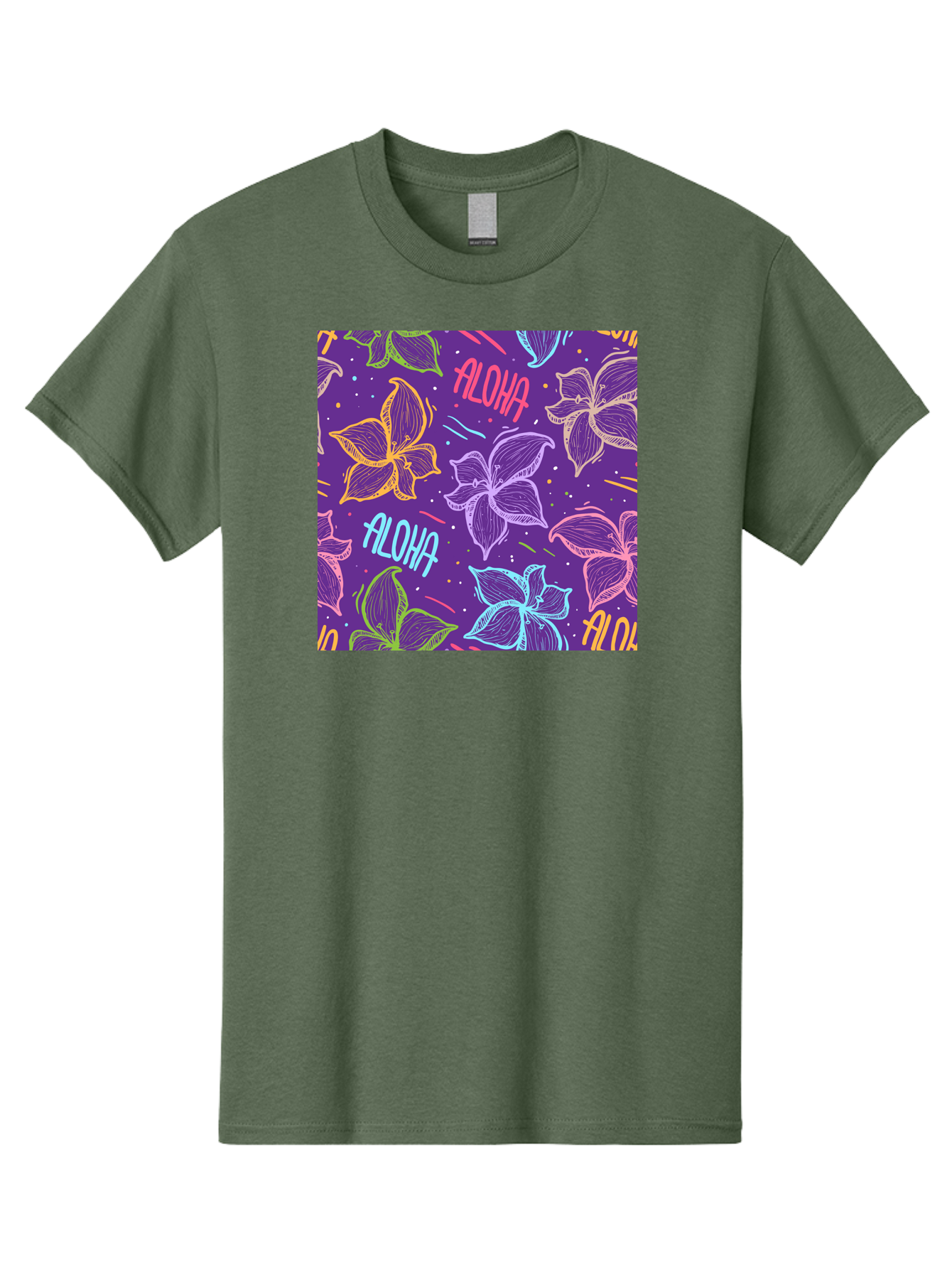 Aloha-Plumeria-Floral Men'S Graphic Tee, 100% Cotton, Comfortable Casual Summer Wear, Machine Washable, Plumeria Flowers, Tropical Flowers, Aloha Text, Colorful Graphics, Festive Design, Hawaiian Theme, Vibrant Colors, Playful Pattern, Aac376