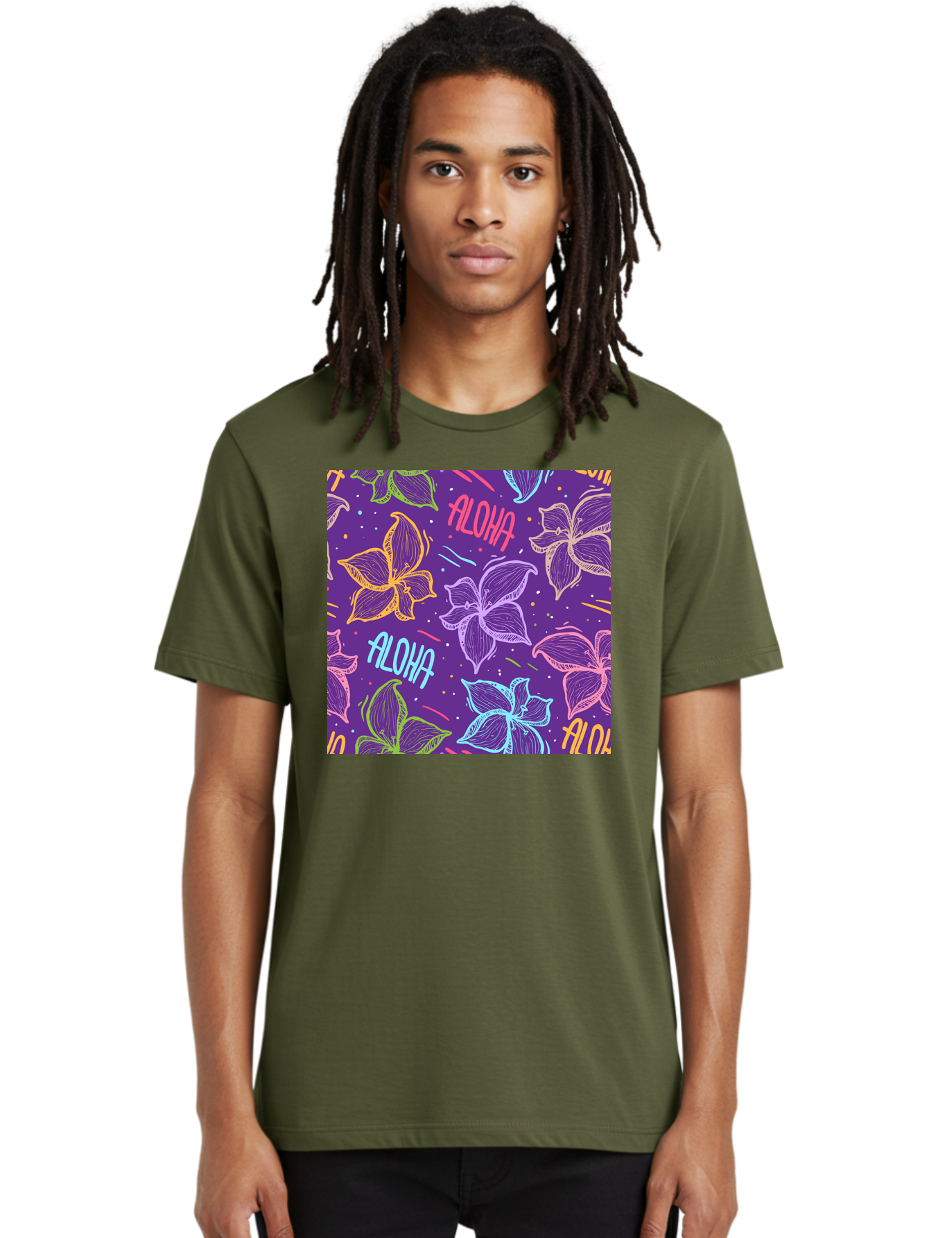 Aloha-Plumeria-Floral Men'S Graphic Tee, 100% Cotton, Comfortable Casual Summer Wear, Machine Washable, Plumeria Flowers, Tropical Flowers, Aloha Text, Colorful Graphics, Festive Design, Hawaiian Theme, Vibrant Colors, Playful Pattern, Aac376