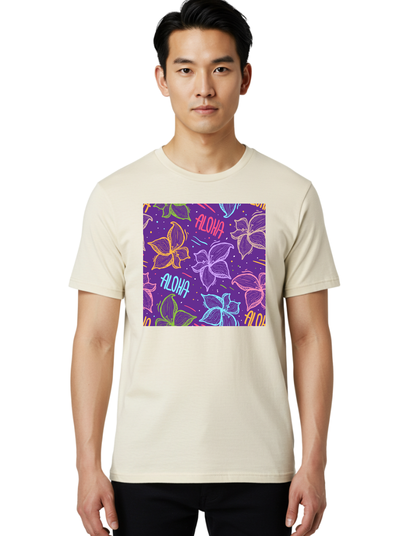 Aloha-Plumeria-Floral Men'S Graphic Tee, 100% Cotton, Comfortable Casual Summer Wear, Machine Washable, Plumeria Flowers, Tropical Flowers, Aloha Text, Colorful Graphics, Festive Design, Hawaiian Theme, Vibrant Colors, Playful Pattern, Aac376