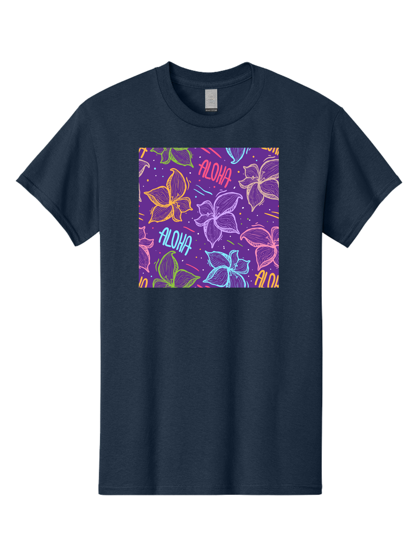 Aloha-Plumeria-Floral Men'S Graphic Tee, 100% Cotton, Comfortable Casual Summer Wear, Machine Washable, Plumeria Flowers, Tropical Flowers, Aloha Text, Colorful Graphics, Festive Design, Hawaiian Theme, Vibrant Colors, Playful Pattern, Aac376
