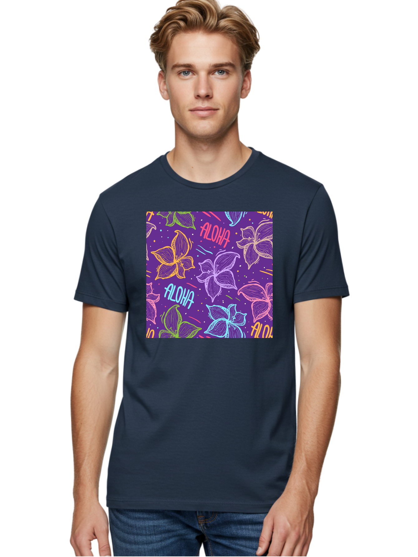 Aloha-Plumeria-Floral Men'S Graphic Tee, 100% Cotton, Comfortable Casual Summer Wear, Machine Washable, Plumeria Flowers, Tropical Flowers, Aloha Text, Colorful Graphics, Festive Design, Hawaiian Theme, Vibrant Colors, Playful Pattern, Aac376