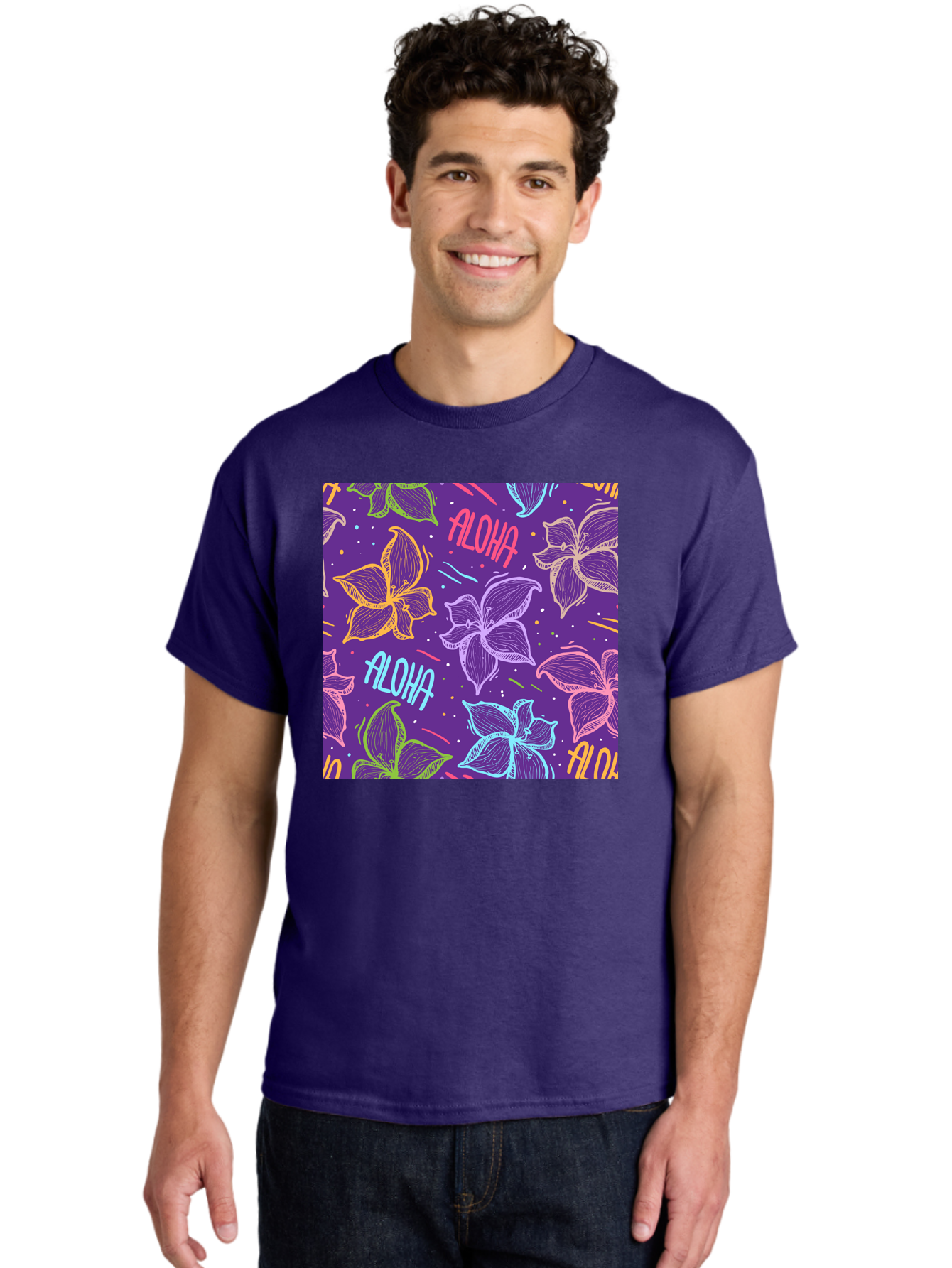 Aloha-Plumeria-Floral Men'S Graphic Tee, 100% Cotton, Comfortable Casual Summer Wear, Machine Washable, Plumeria Flowers, Tropical Flowers, Aloha Text, Colorful Graphics, Festive Design, Hawaiian Theme, Vibrant Colors, Playful Pattern, Aac376