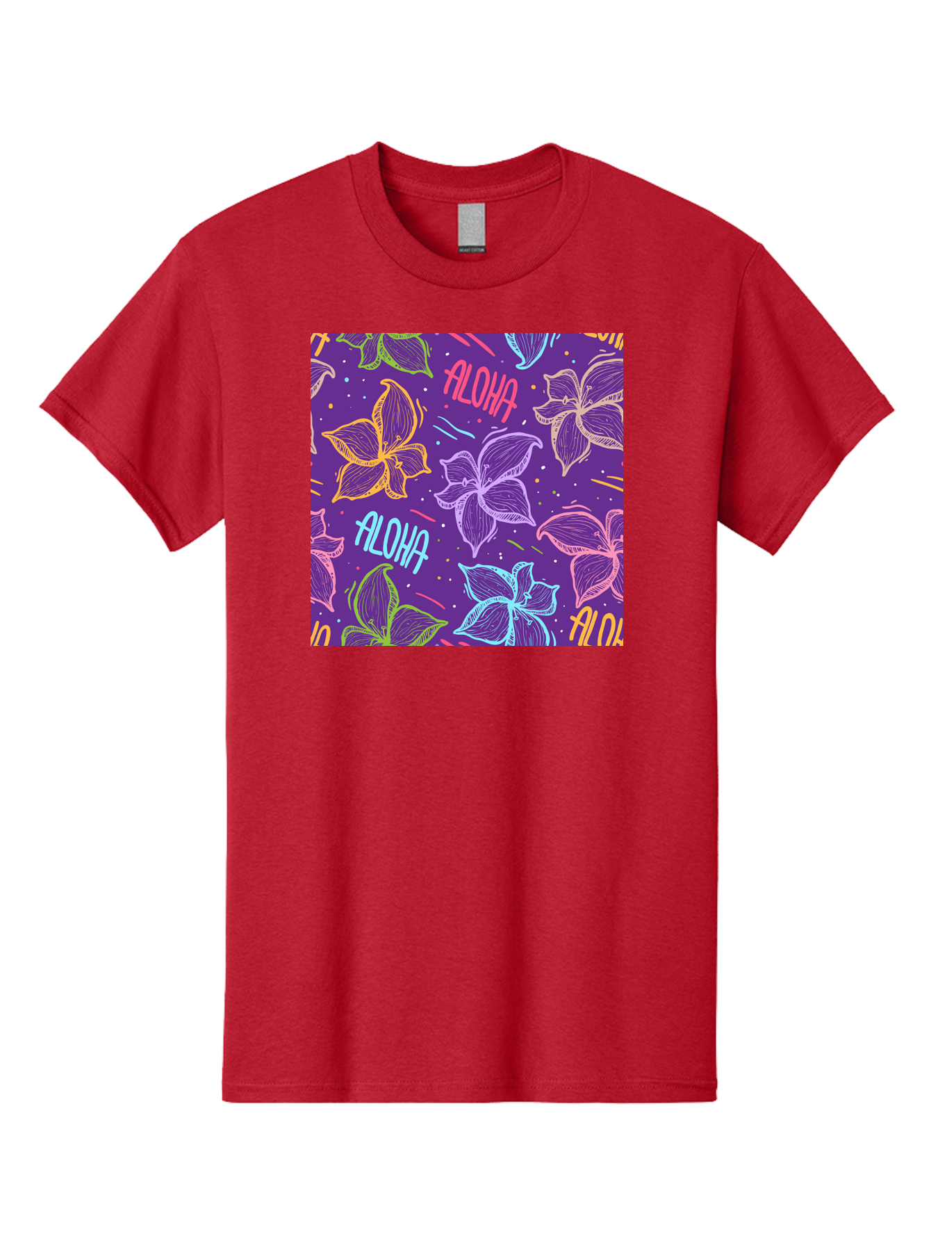 Aloha-Plumeria-Floral Men'S Graphic Tee, 100% Cotton, Comfortable Casual Summer Wear, Machine Washable, Plumeria Flowers, Tropical Flowers, Aloha Text, Colorful Graphics, Festive Design, Hawaiian Theme, Vibrant Colors, Playful Pattern, Aac376