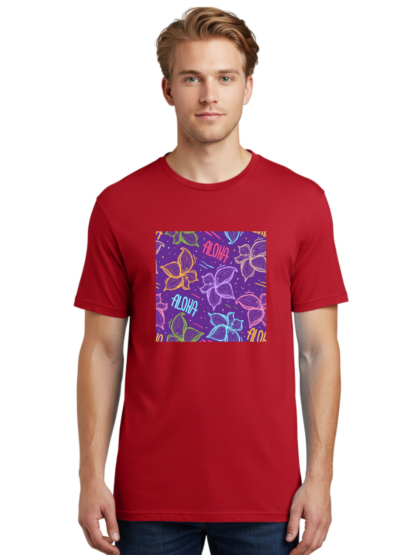 Aloha-Plumeria-Floral Men'S Graphic Tee, 100% Cotton, Comfortable Casual Summer Wear, Machine Washable, Plumeria Flowers, Tropical Flowers, Aloha Text, Colorful Graphics, Festive Design, Hawaiian Theme, Vibrant Colors, Playful Pattern, Aac376