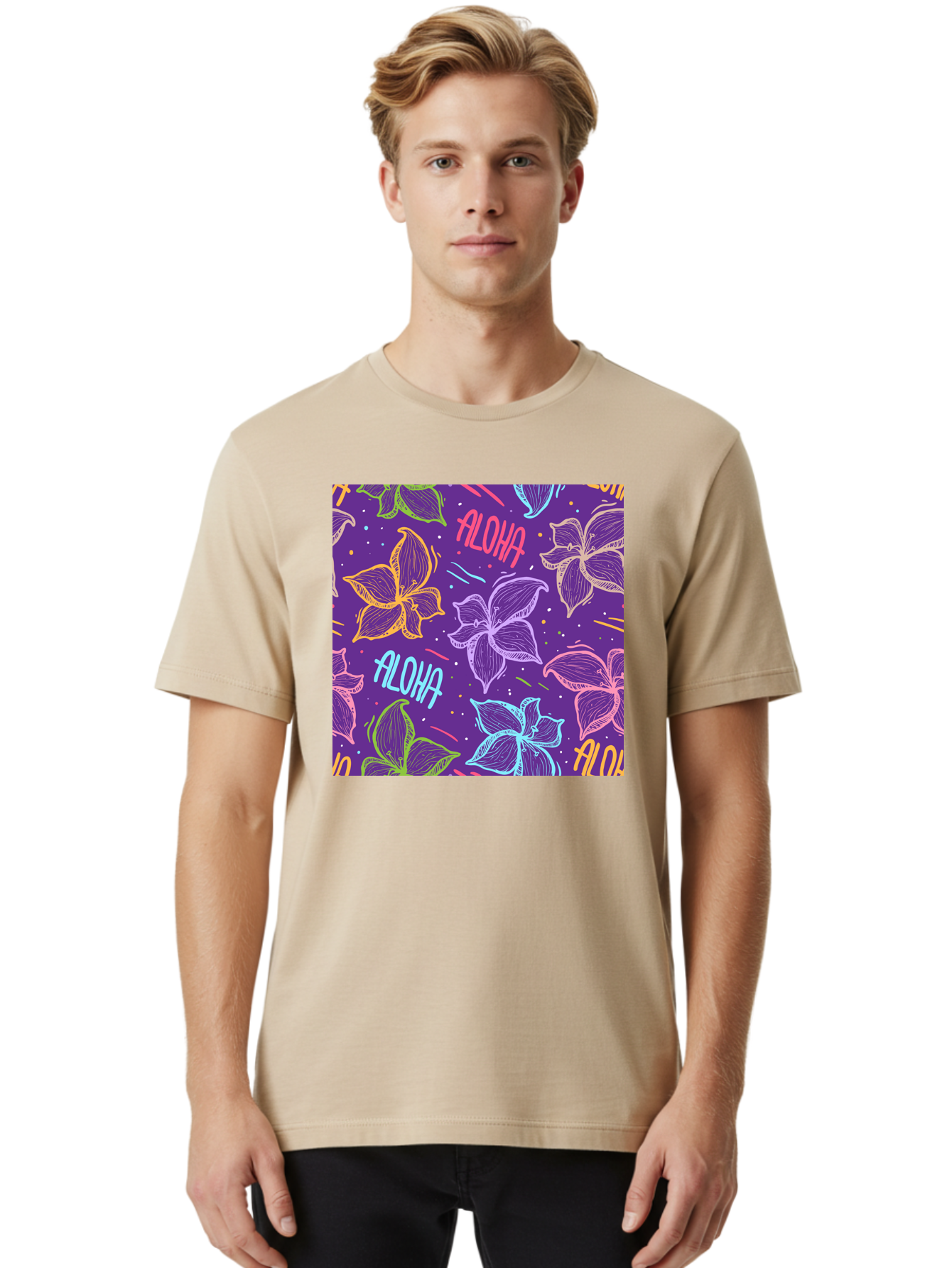 Aloha-Plumeria-Floral Men'S Graphic Tee, 100% Cotton, Comfortable Casual Summer Wear, Machine Washable, Plumeria Flowers, Tropical Flowers, Aloha Text, Colorful Graphics, Festive Design, Hawaiian Theme, Vibrant Colors, Playful Pattern, Aac376